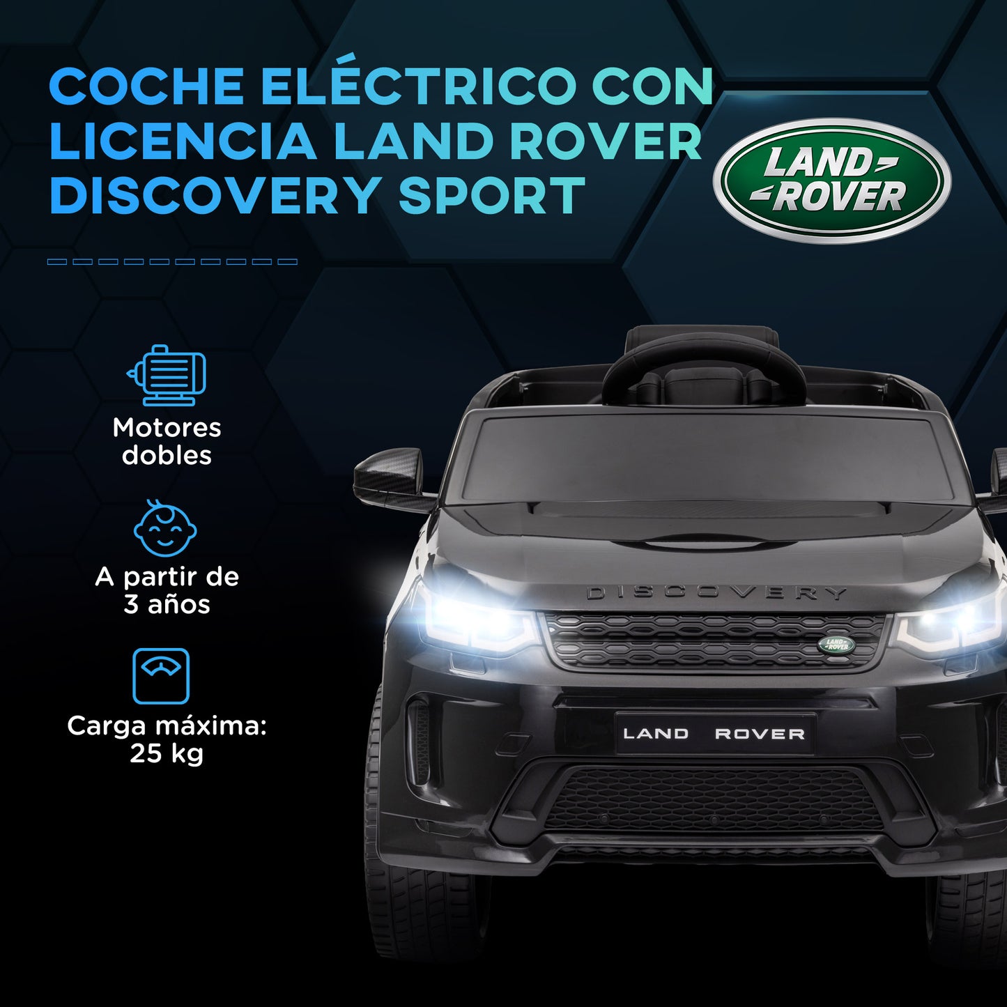 AIYAPLAY Coche Eléctrico para Niños de +3 Años con Licencia Land Rover Discovery Sport Carro Eléctrico Infantil con Batería 12V Mando a Distancia Faros Bocina y Música Negro