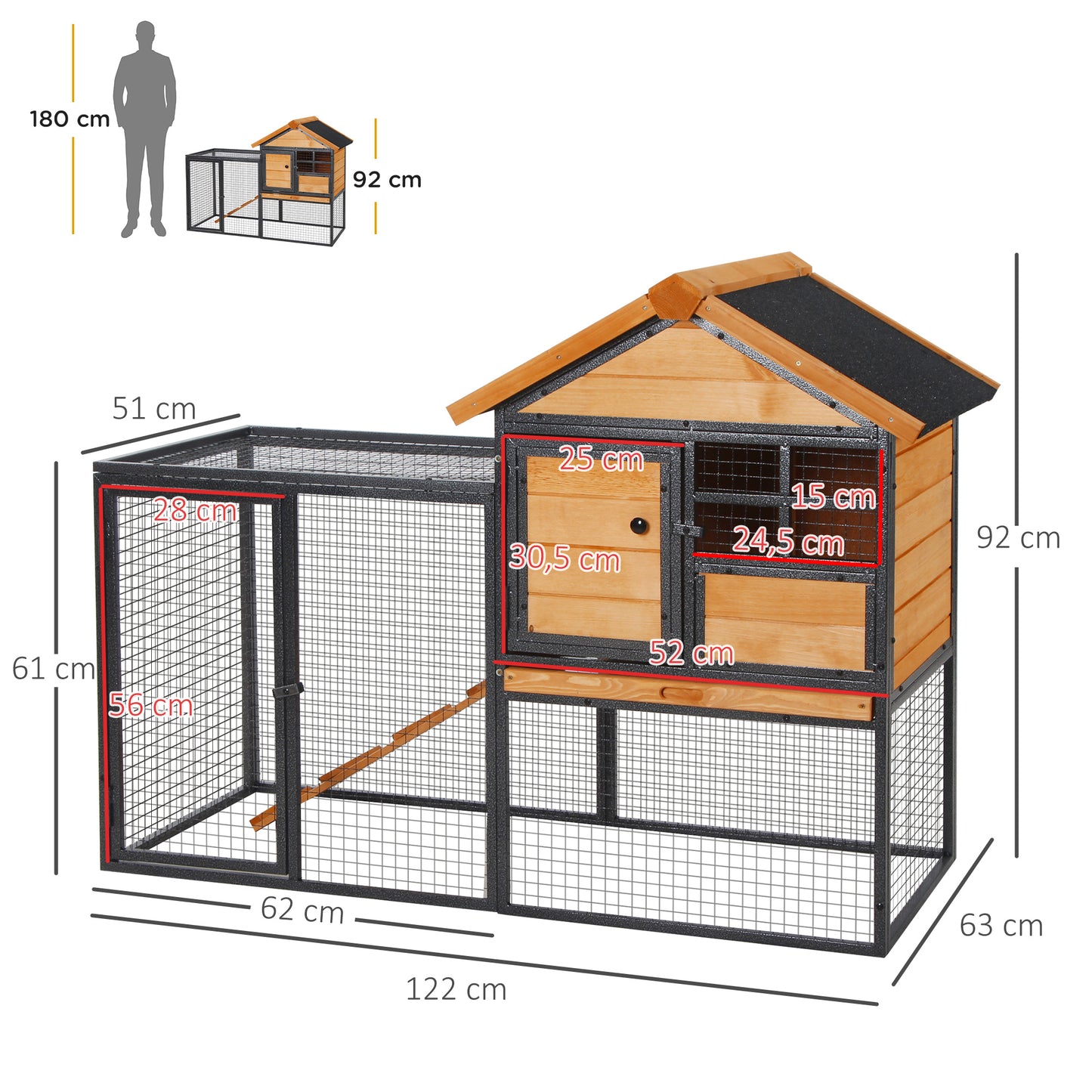 PawHut Conejera de Exterior Jaula para Mascotas Pequeñas 2 Niveles con Rampa Bandeja Extraíble de Madera y Metal 122x63x92 cm para Conejos Cobayas Madera y Gris