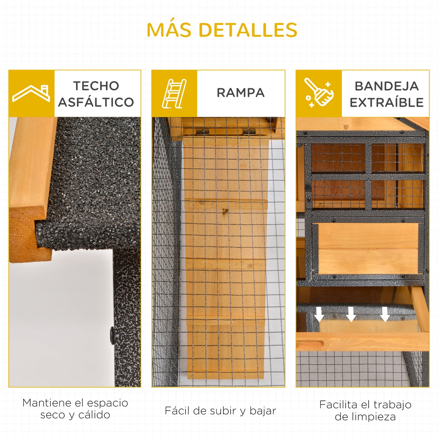 PawHut Conejera de Exterior Jaula para Mascotas Pequeñas 2 Niveles con Rampa Bandeja Extraíble de Madera y Metal 122x63x92 cm para Conejos Cobayas Madera y Gris