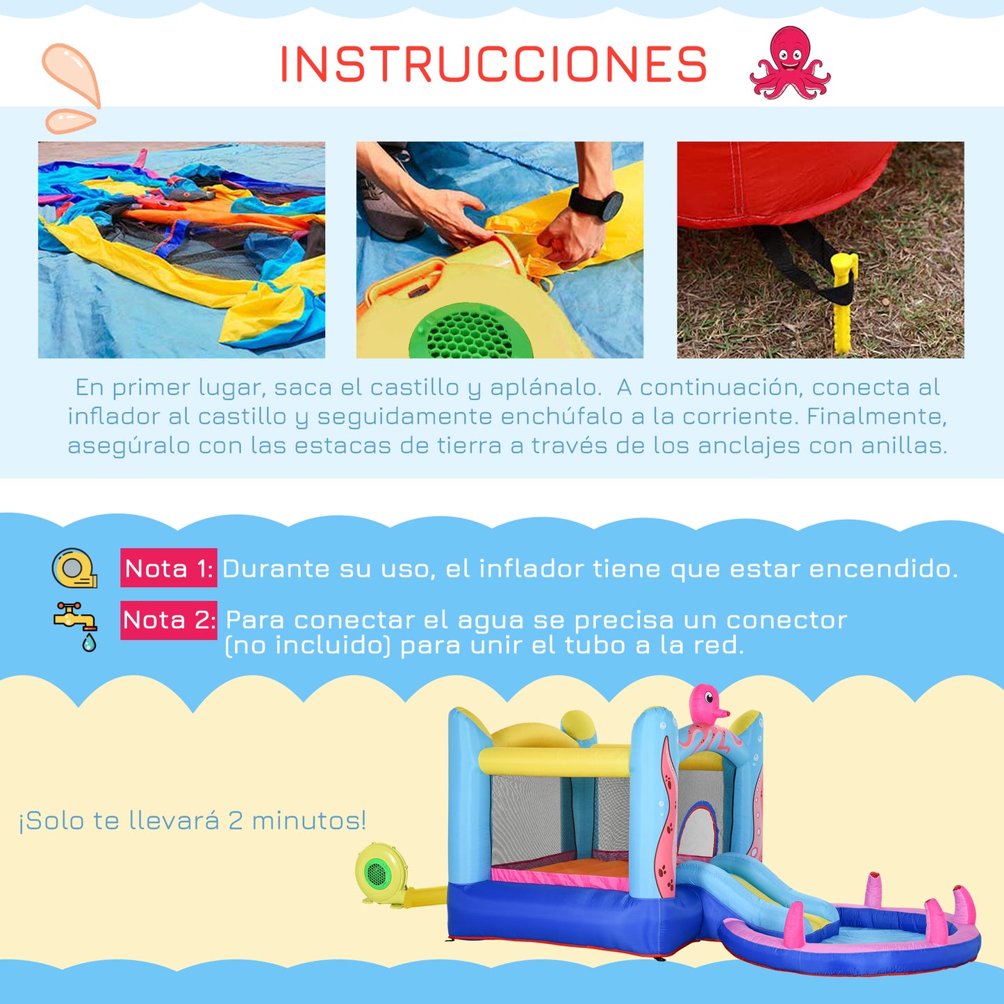 Outsunny Castillo Hinchable para Niños con Patrón de Pulpo Castillo Inflable Infantil con Tobogán Cama de Salto Piscina Inflador y Bolsa de Transporte 360x175x180 cm Multicolor