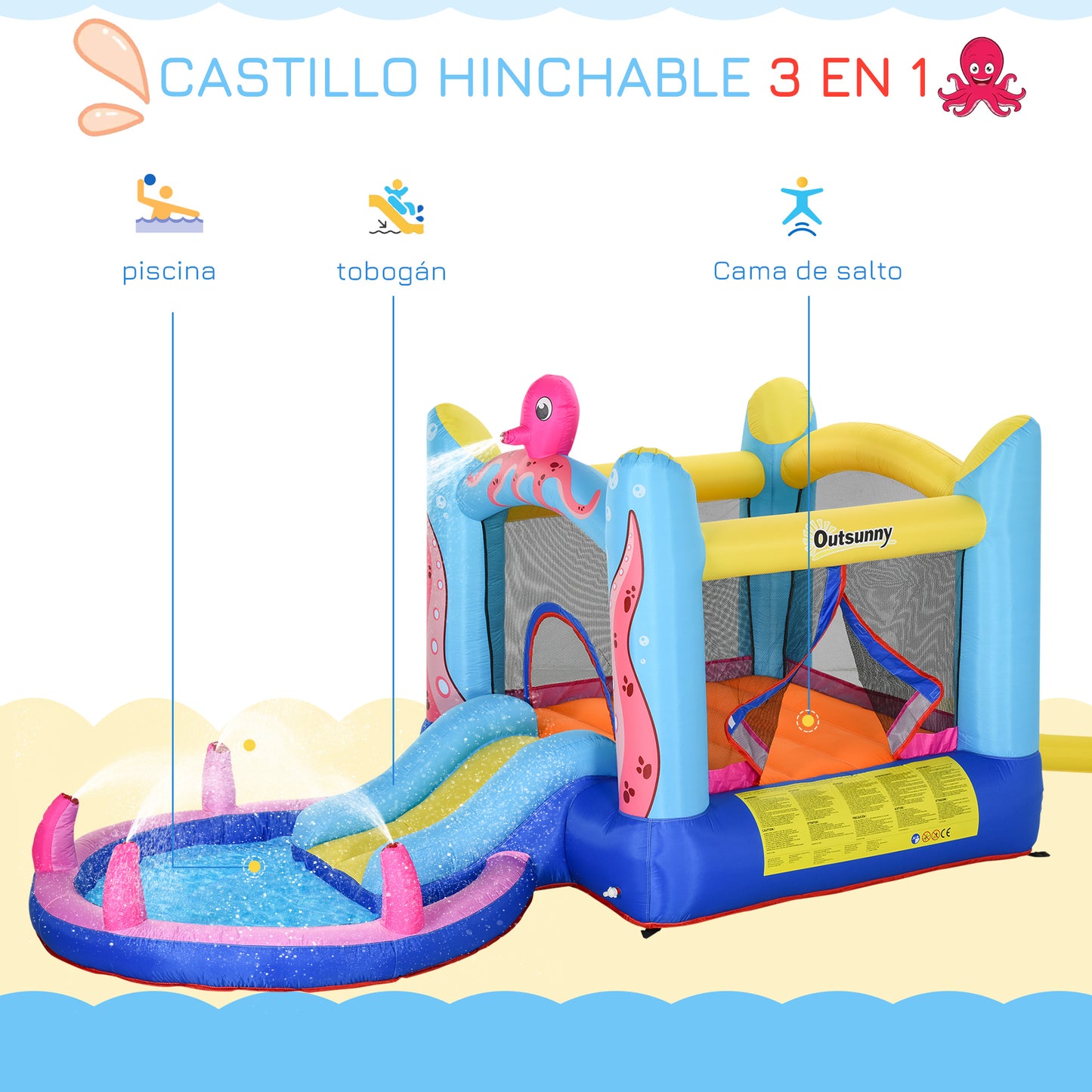 Outsunny Castillo Hinchable para Niños con Patrón de Pulpo Castillo Inflable Infantil con Tobogán Cama de Salto Piscina Inflador y Bolsa de Transporte 360x175x180 cm Multicolor