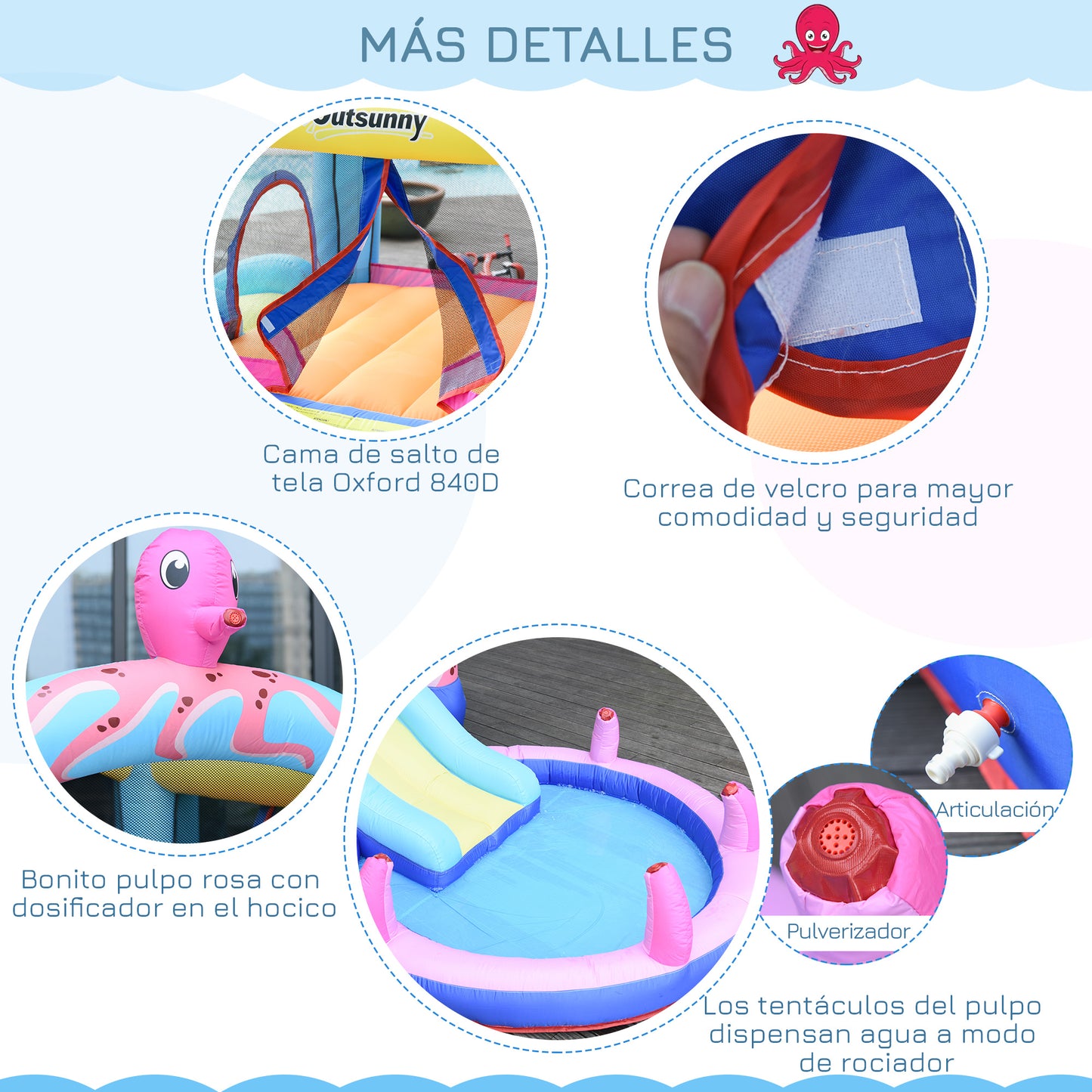 Outsunny Castillo Hinchable para Niños con Patrón de Pulpo Castillo Inflable Infantil con Tobogán Cama de Salto Piscina Inflador y Bolsa de Transporte 360x175x180 cm Multicolor