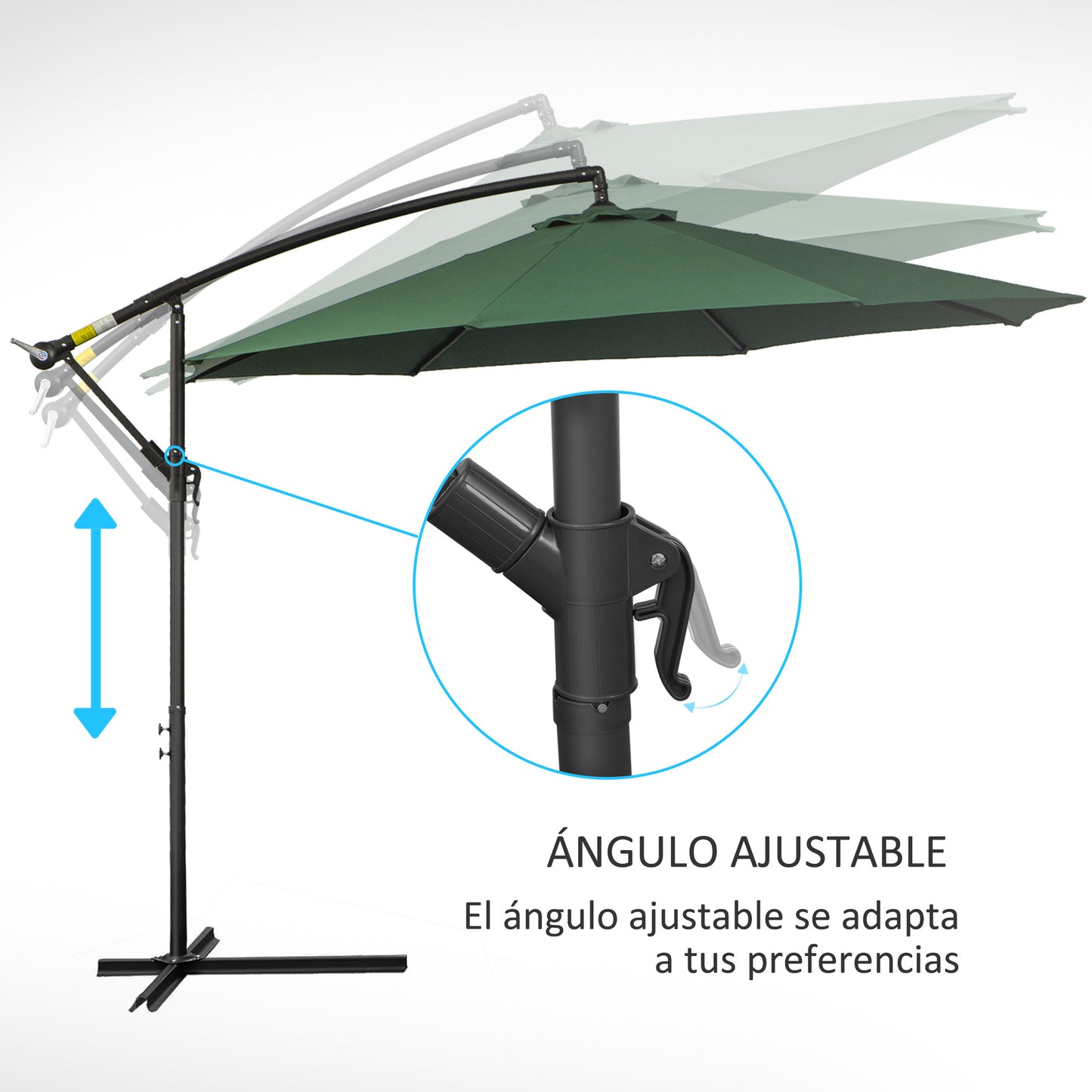 Outsunny Sombrilla de Jardín Ø300x250 cm Parasol Excéntrico Inclinable con Manivela Base Cruzada y Soporte de Acero Protección Solar para Terraza Exterior Verde