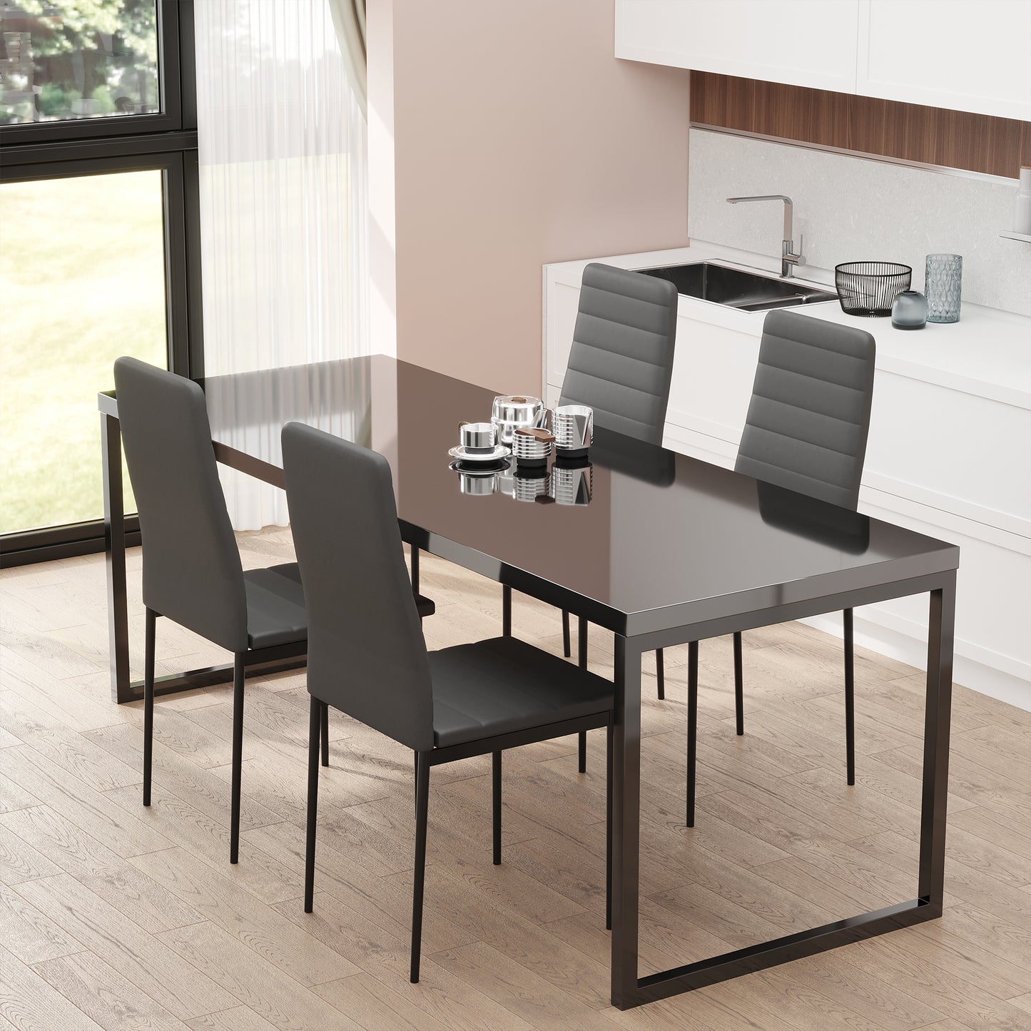 HOMCOM Conjunto de Comedor 5 Piezas Juego de 1 Mesa con Tablero de Vidrio Templado y 4 Sillas Tapizadas en Lino Estilo Moderno para Cocina 120x60x75 cm 41x50x97 cm Negro