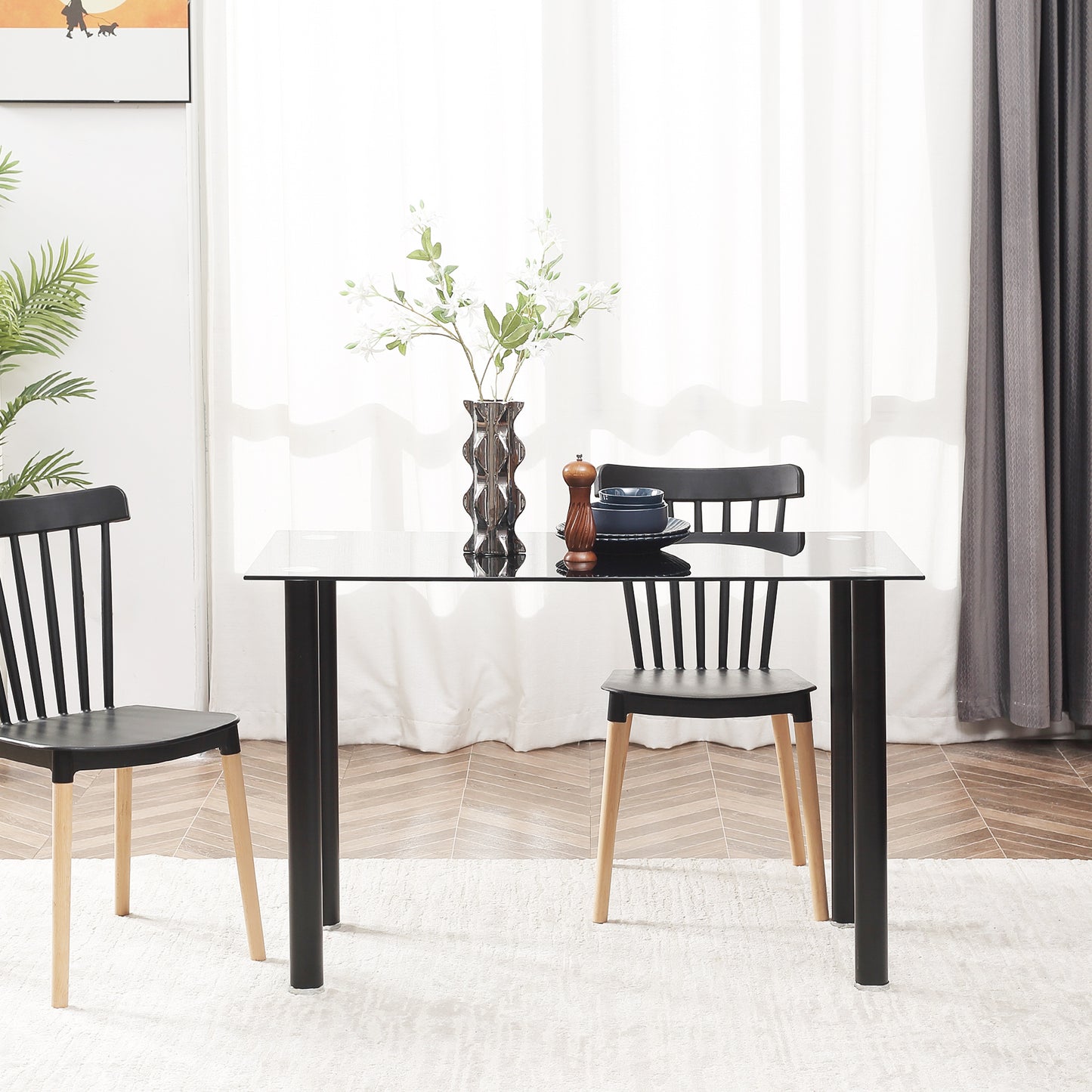 HOMCOM Conjunto de Comedor 5 Piezas Juego de 1 Mesa con Tablero de Vidrio Templado y 4 Sillas Tapizadas en Lino Estilo Moderno para Cocina 120x60x75 cm 41x50x97 cm Negro