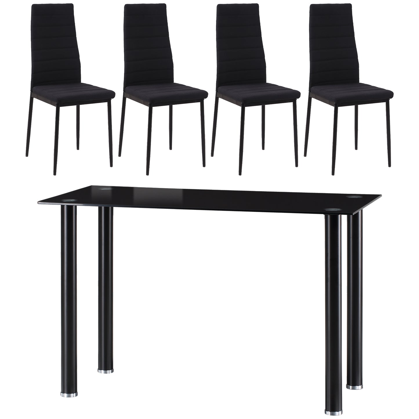 HOMCOM Conjunto de Comedor 5 Piezas Juego de 1 Mesa con Tablero de Vidrio Templado y 4 Sillas Tapizadas en Lino Estilo Moderno para Cocina 120x60x75 cm 41x50x97 cm Negro