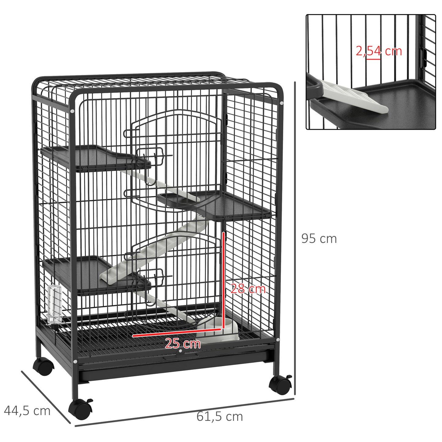 PawHut Jaula para Animales Pequeños Jaula para Roedores con Ruedas Rampa Cuenco Botella de Agua y Bandeja Extraíble Recinto para Conejos Chinchillas Hurones 61,5x44,5x95 cm Negro