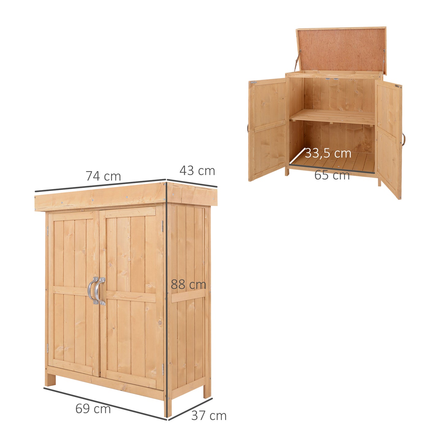 Outsunny Armario de Jardín de Madera 74x43x88 cm Cobertizo Exterior para Almacenamiento de Herramientas Leñas con 2 Puertas y Techo Asfáltico Abatible Natural