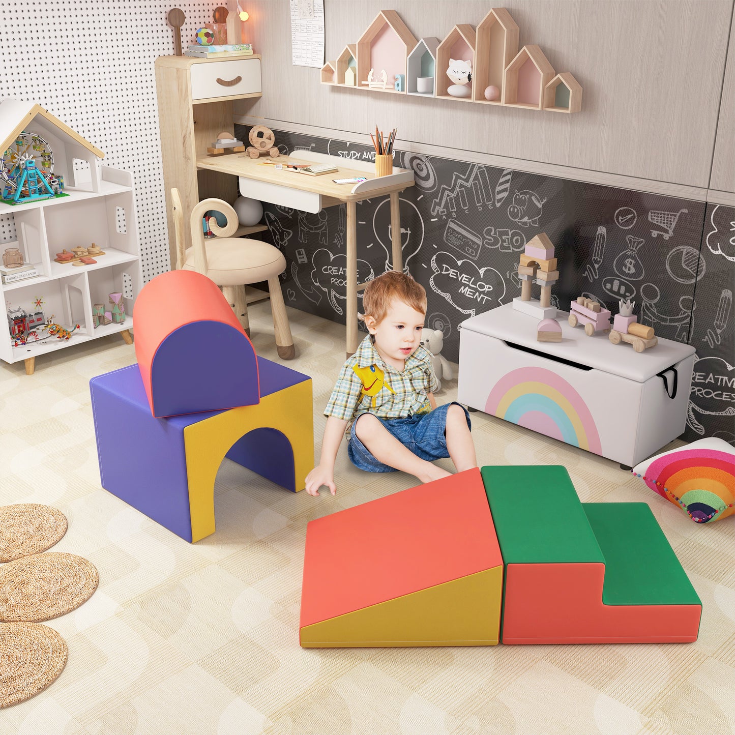 HOMCOM Juego de 4 Bloques de Espuma para Niños de 1-3 Años Figuras de Construcción Juguete para Aprendizaje Infantil Tapizado en PU 150x50x39 cm Multicolor