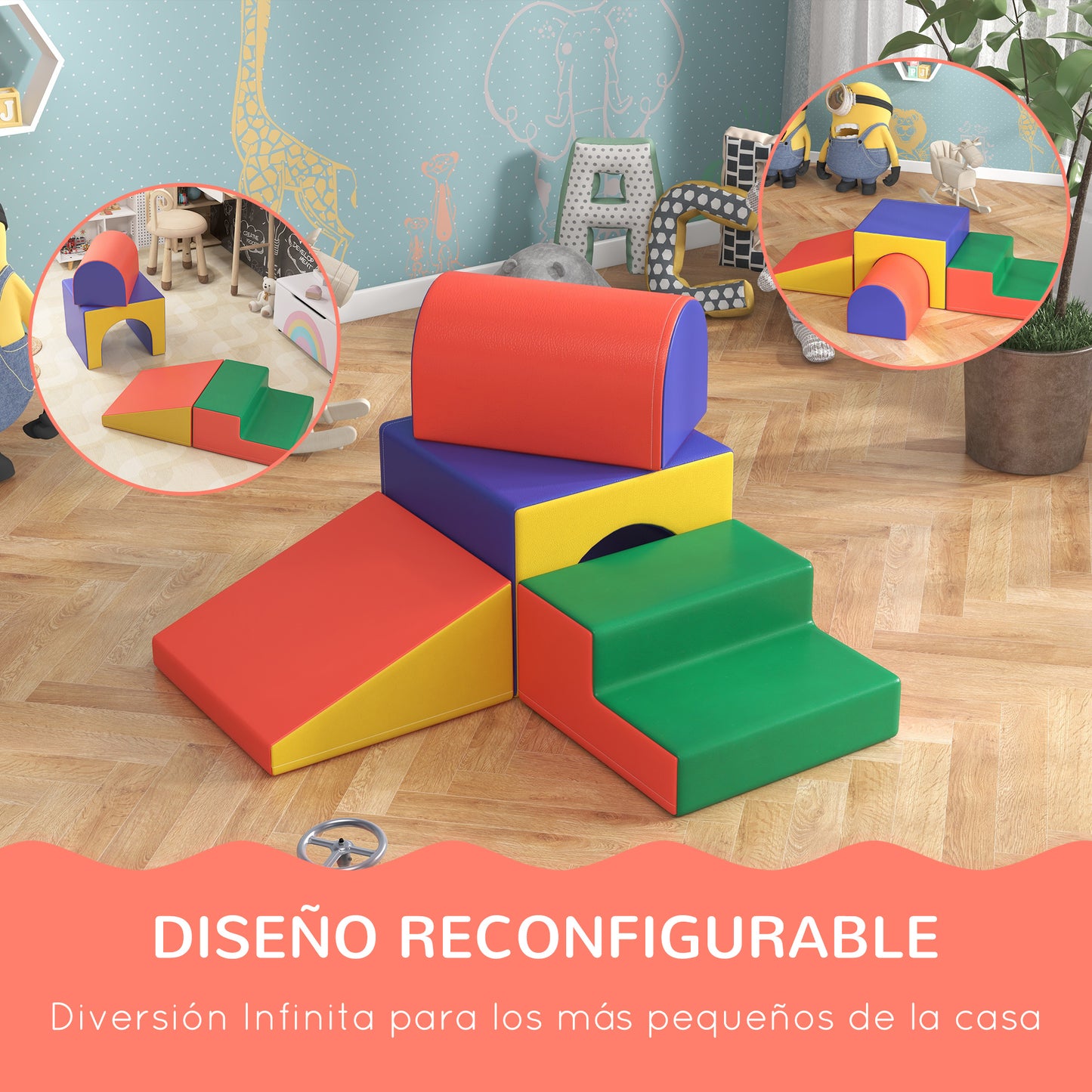 HOMCOM Juego de 4 Bloques de Espuma para Niños de 1-3 Años Figuras de Construcción Juguete para Aprendizaje Infantil Tapizado en PU 150x50x39 cm Multicolor