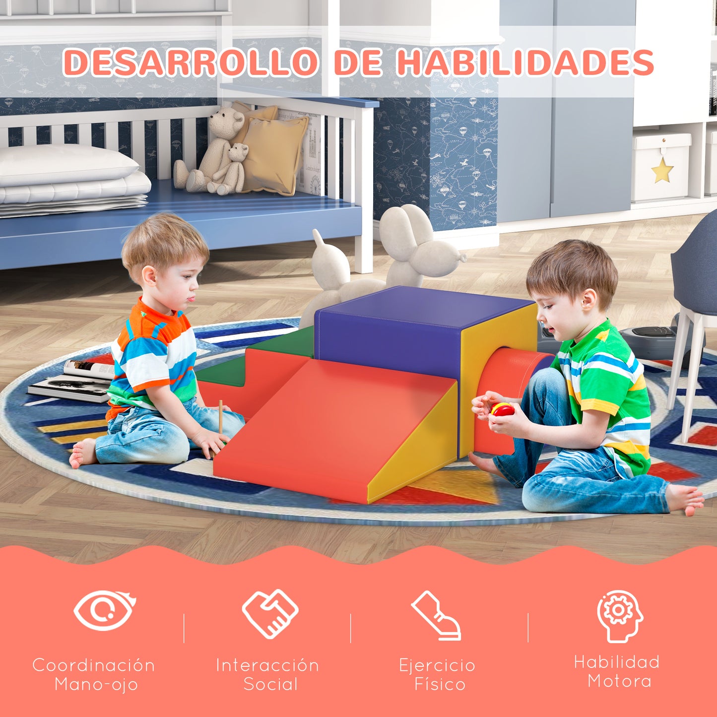 HOMCOM Juego de 4 Bloques de Espuma para Niños de 1-3 Años Figuras de Construcción Juguete para Aprendizaje Infantil Tapizado en PU 150x50x39 cm Multicolor