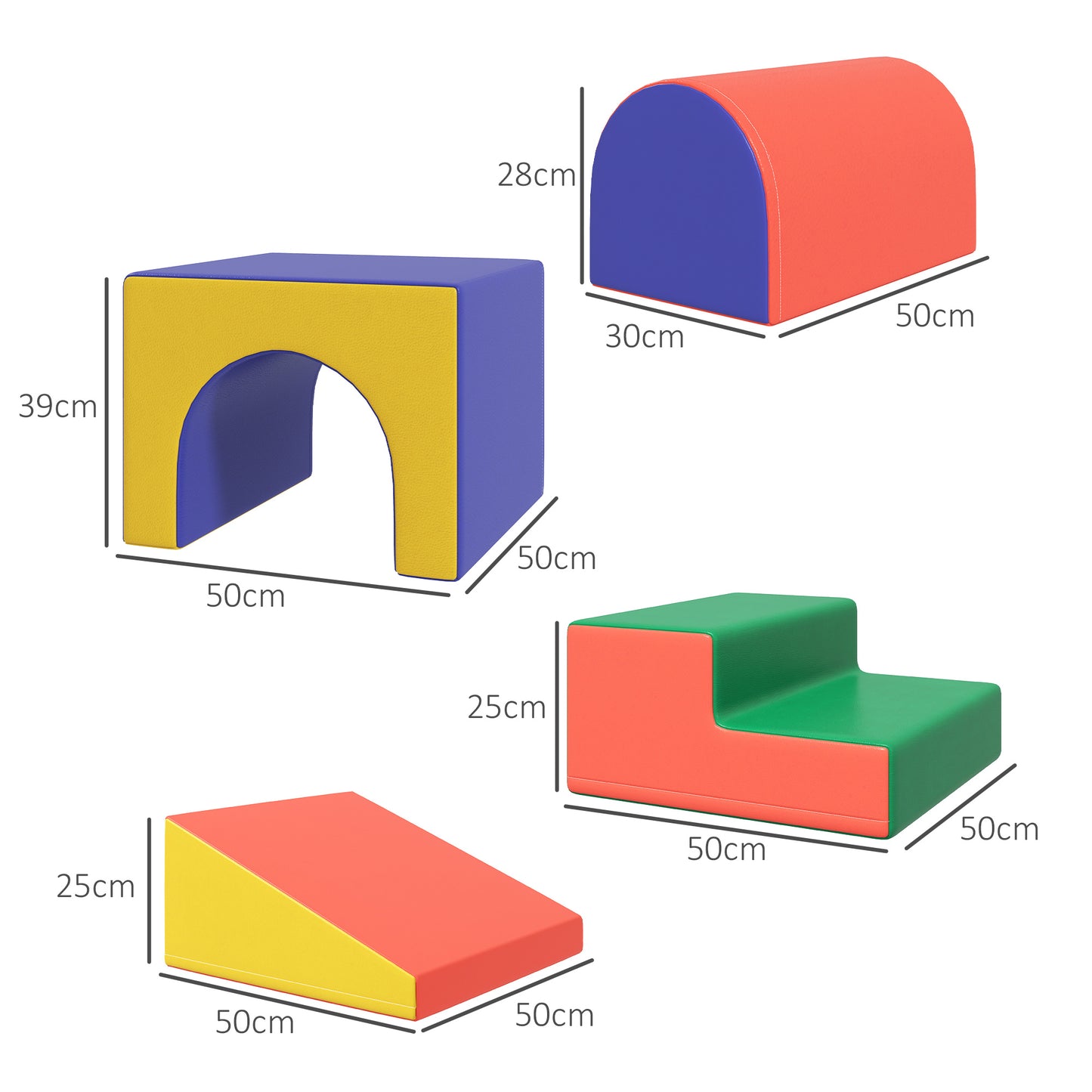 HOMCOM Juego de 4 Bloques de Espuma para Niños de 1-3 Años Figuras de Construcción Juguete para Aprendizaje Infantil Tapizado en PU 150x50x39 cm Multicolor