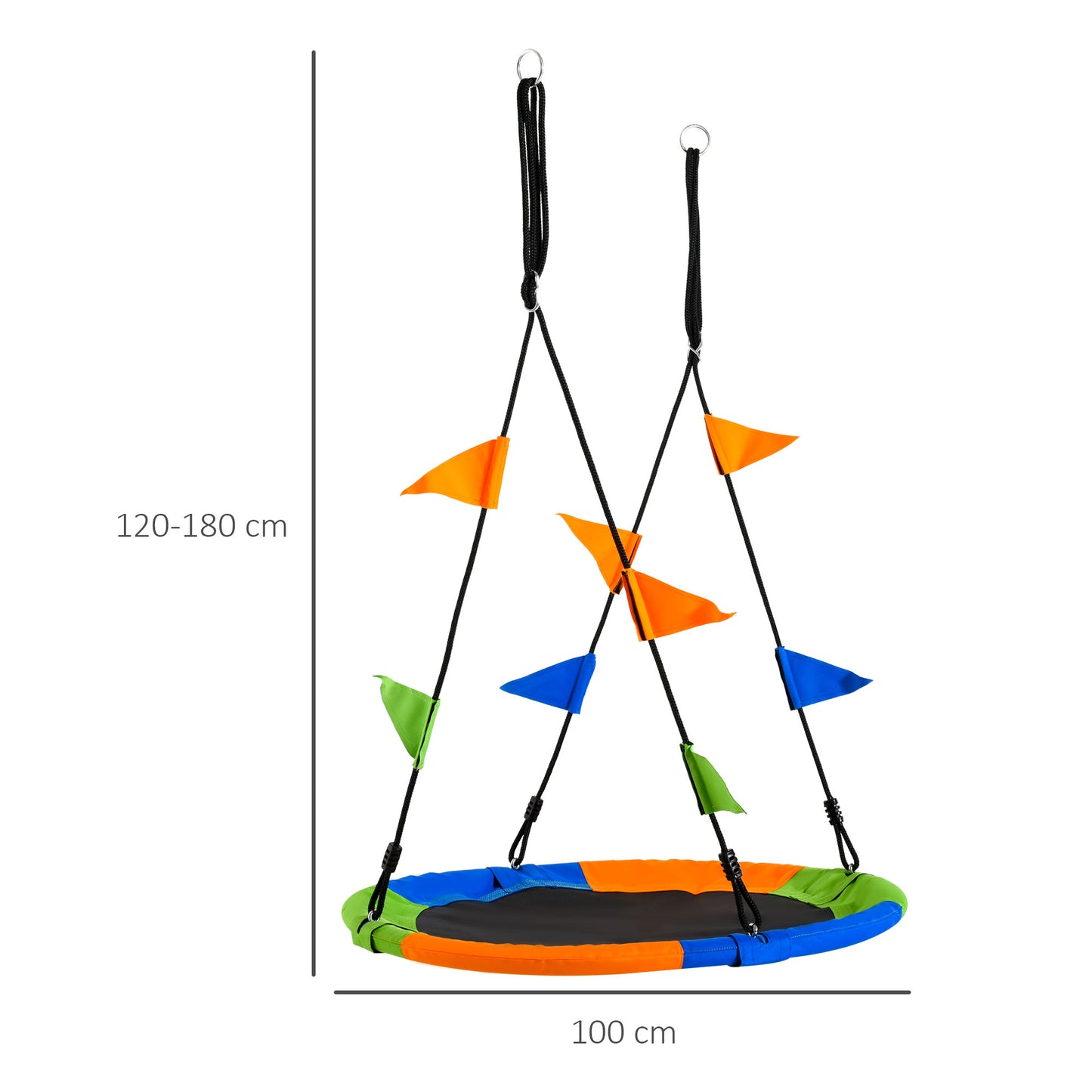 Outsunny Columpio de Jardín Nido Ø100x120-180 cm Altura Ajustable con Cuerdas y Banderas para Niños y Adultos Carga 80 kg Interior y Exterior Multicolor