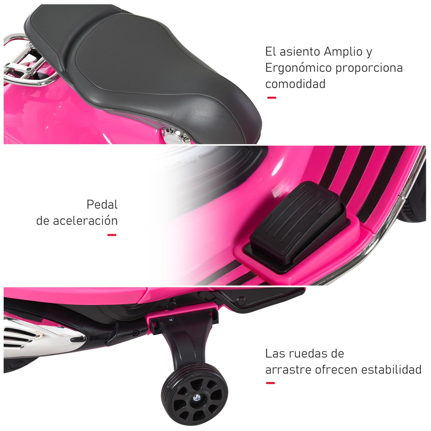 HOMCOM Moto Eléctrica para Niños de 3-6 Años Moto de Batería Autorizada de VESPA con Faros Música 2 Ruedas Auxiliares 108x49x75 cm Rosa