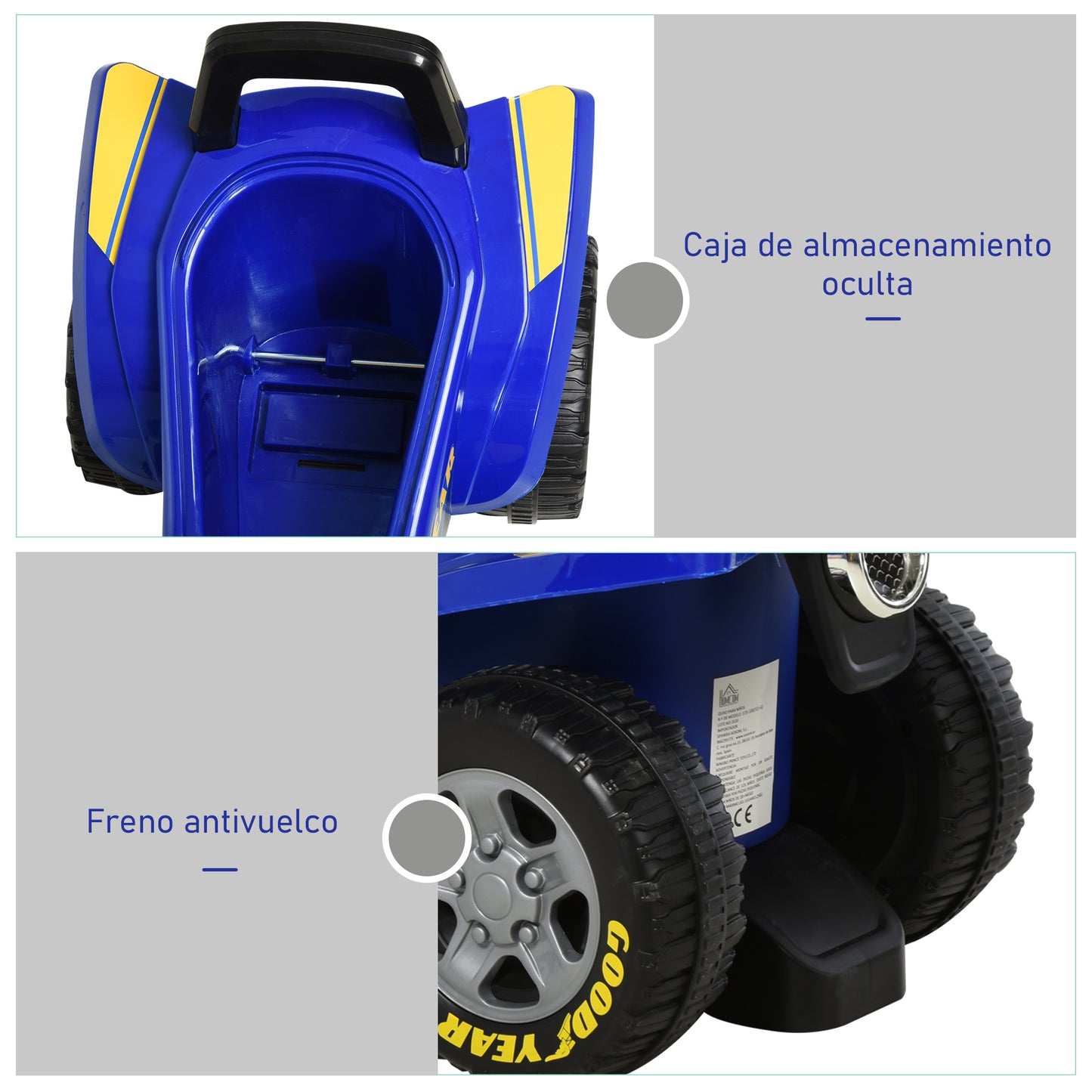 HOMCOM Quad Correpasillos para Niños 18-36 Meses Coche Cuatrimoto con Funciones de Luces Bocina y Espacio Secreto de Almacenaje 60x31x42 cm Azul