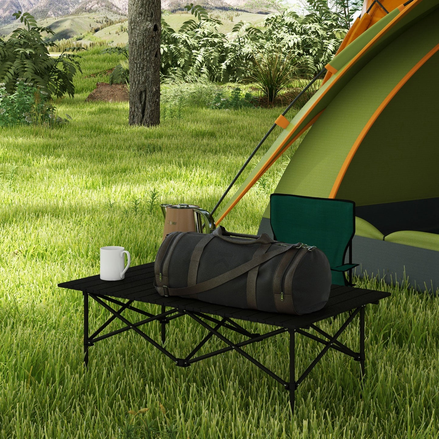 Outsunny Mesa de Camping Plegable de Metal con Tapa Enrollable y Bolsa de Transporte Mesa de Picnic Portátil para Acampar Senderismo Playa Barbacoa 95x55x50 cm Negro