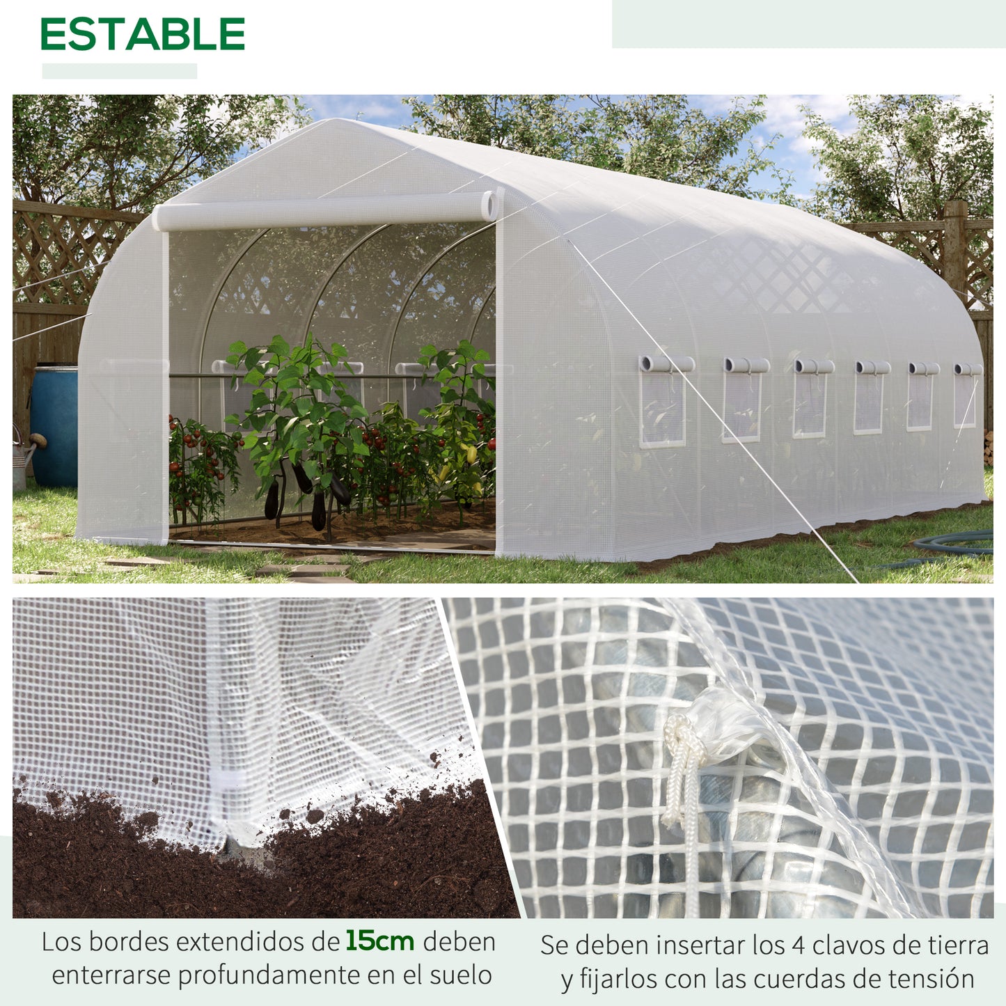 Outsunny Invernadero de Exterior Invernadero de Túnel 6x3x2 m Invernadero de Jardín Grande con 12 Ventanas y Puerta Enrollable con Cremallera Macro de Metal para Cultivo Plantas Blanco