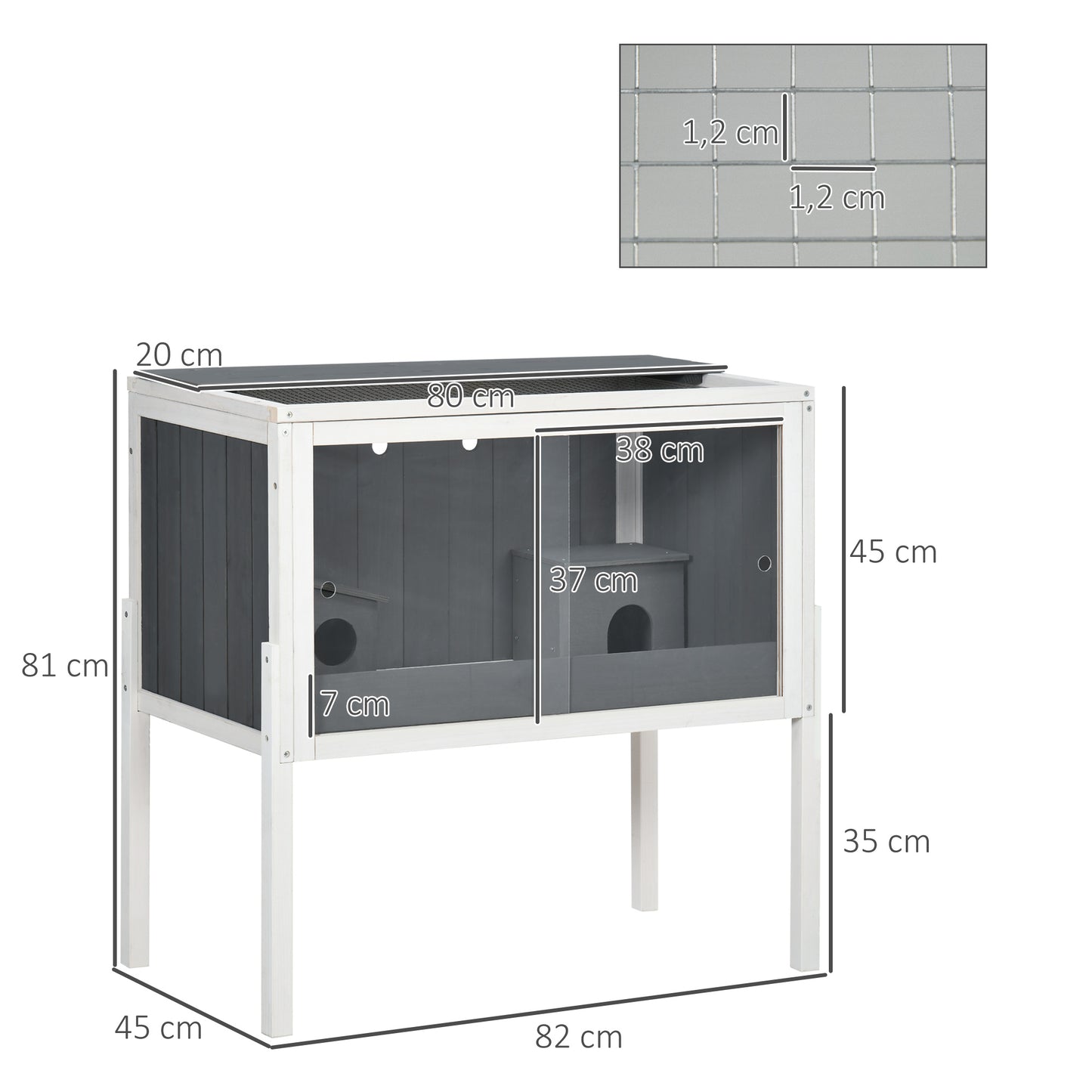 PawHut Jaula para Hámster de Madera 82x45x81 cm Casa para Roedores con 2 Puertas de Acrílico Estante Extraíble 2 Casitas para Animales Pequeños Gris Oscuro