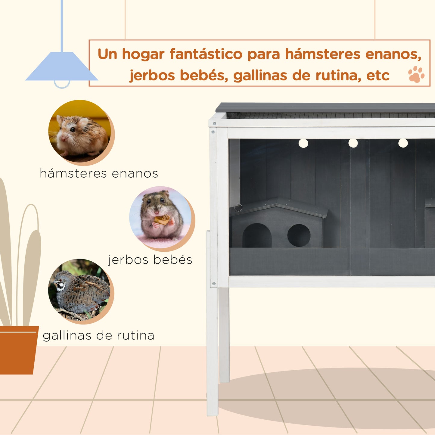 PawHut Jaula para Hámster de Madera 82x45x81 cm Casa para Roedores con 2 Puertas de Acrílico Estante Extraíble 2 Casitas para Animales Pequeños Gris Oscuro