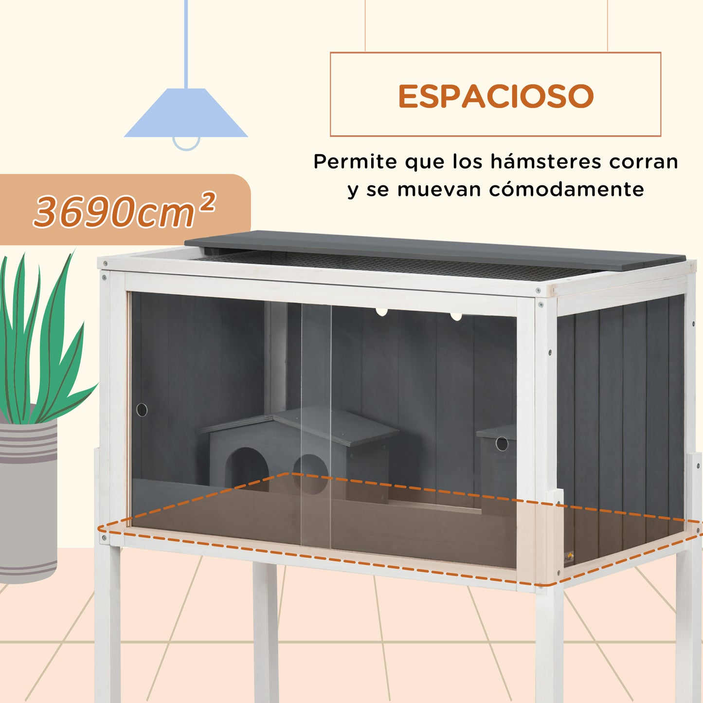 PawHut Jaula para Hámster de Madera 82x45x81 cm Casa para Roedores con 2 Puertas de Acrílico Estante Extraíble 2 Casitas para Animales Pequeños Gris Oscuro