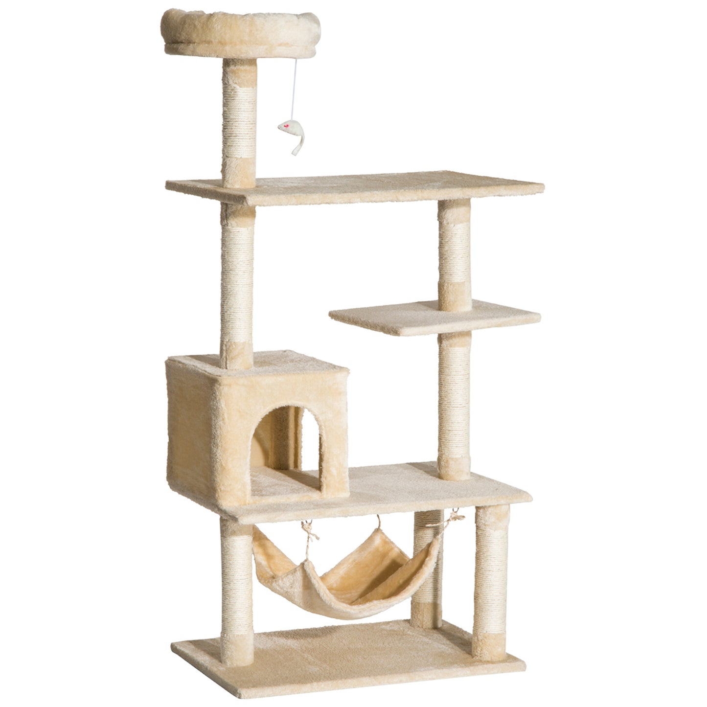 PawHut Árbol Rascador para Gatos Grande 70x40x152 cm Torre para Gatos con Múltiples Plataformas Juguete Colgante Cueva Espaciosa Hamaca Suave Postes para Gatos Dormir y Jugar Beige