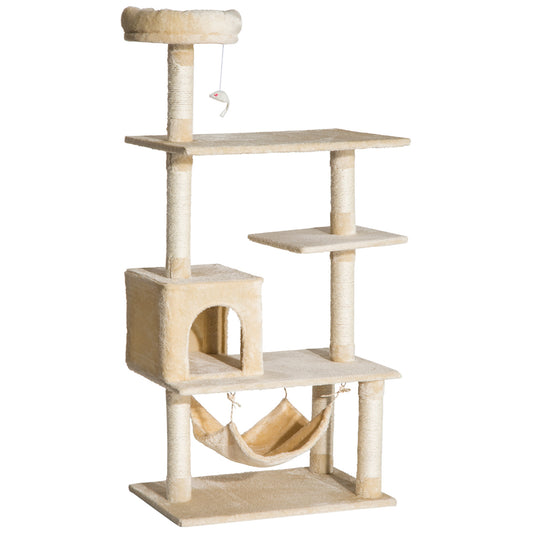 PawHut Árbol Rascador para Gatos Grande 70x40x152 cm Torre para Gatos con Múltiples Plataformas Juguete Colgante Cueva Espaciosa Hamaca Suave Postes para Gatos Dormir y Jugar Beige