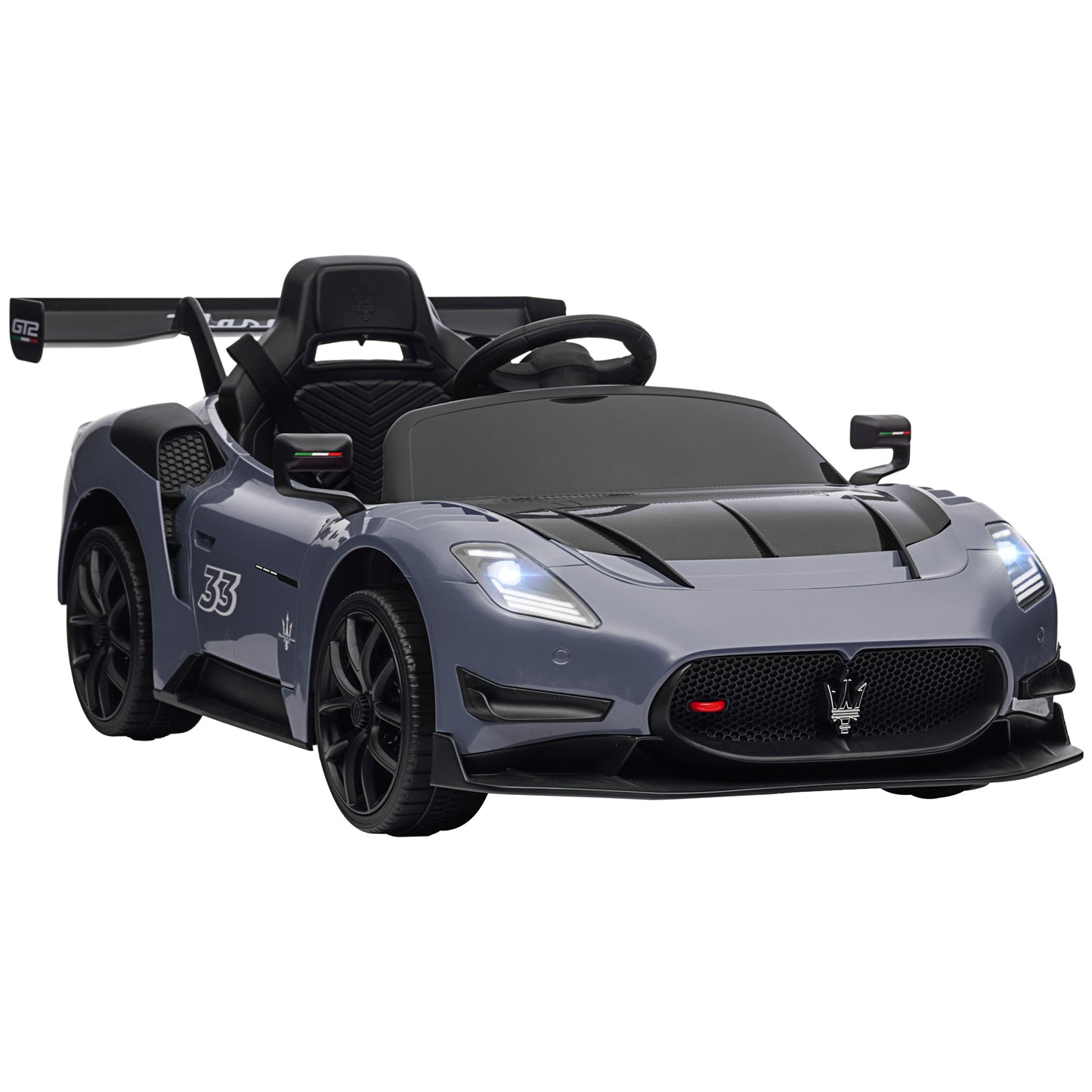 AIYAPLAY Coche Eléctrico para Niños de +3 Años Maserati GT2 Coche Eléctrico con Batería 12V con Mando a Distancia Faros LED Bocina Música y Ruedas Auxiliares 115x60x45 cm Gris