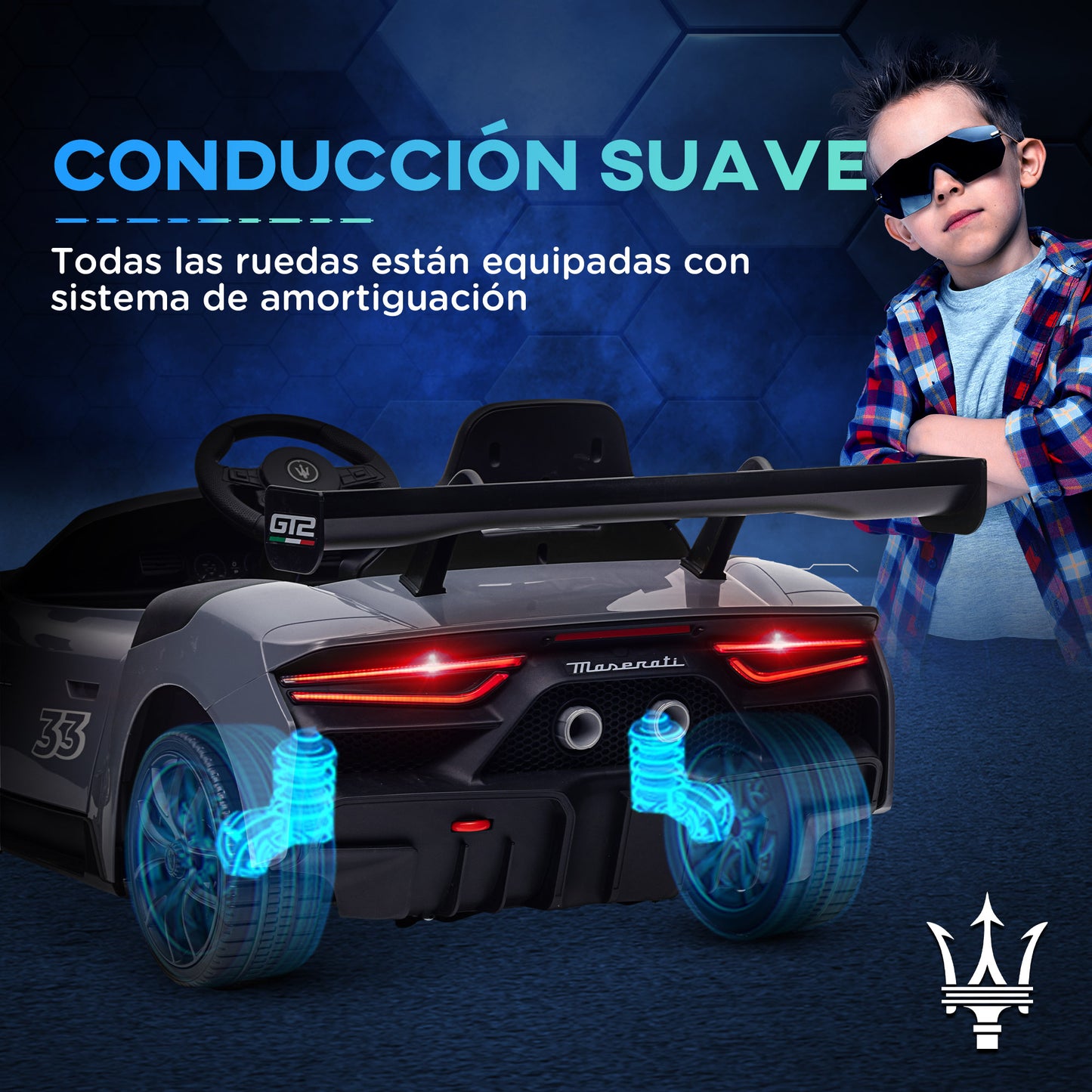 AIYAPLAY Coche Eléctrico para Niños de +3 Años Maserati GT2 Coche Eléctrico con Batería 12V con Mando a Distancia Faros LED Bocina Música y Ruedas Auxiliares 115x60x45 cm Gris