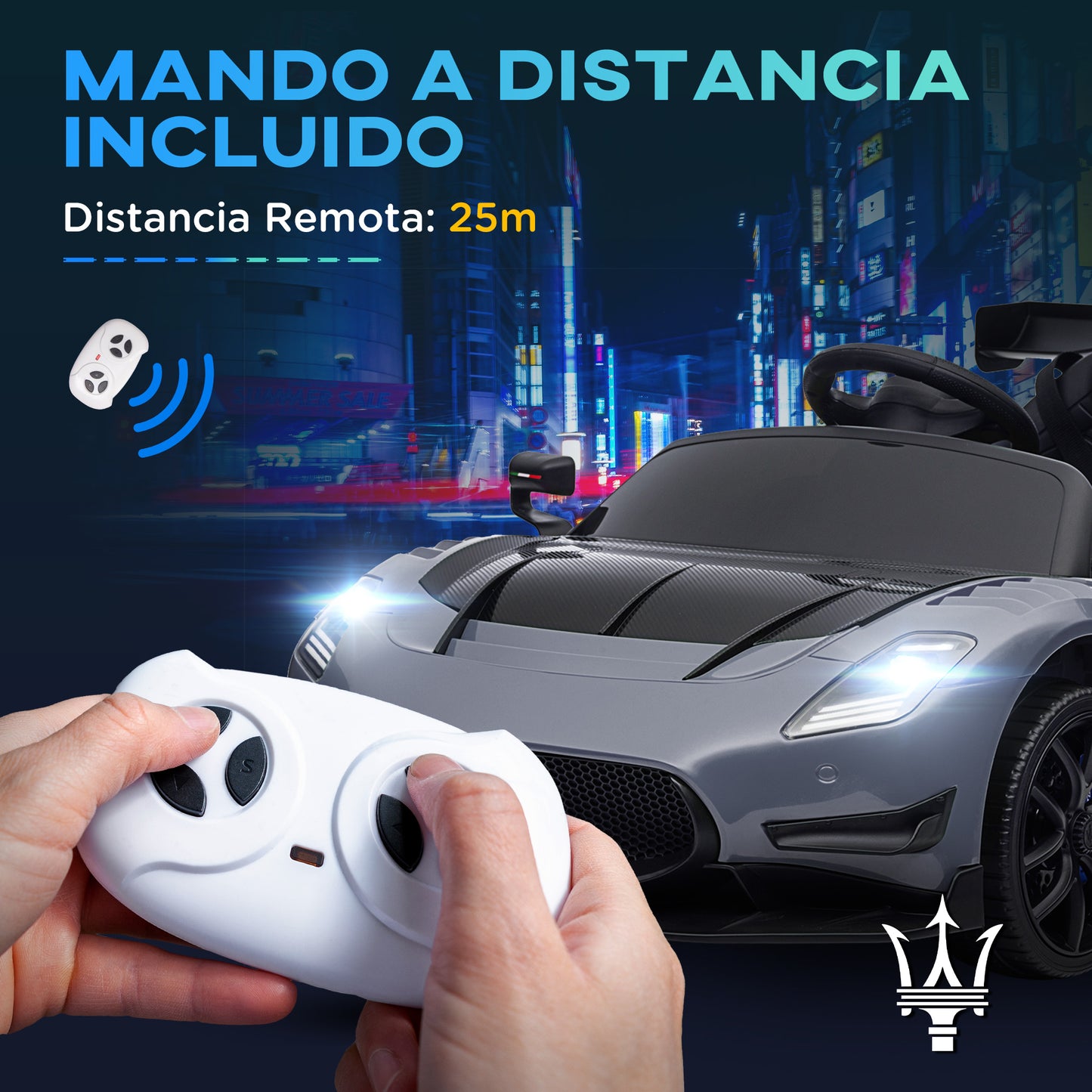 AIYAPLAY Coche Eléctrico para Niños de +3 Años Maserati GT2 Coche Eléctrico con Batería 12V con Mando a Distancia Faros LED Bocina Música y Ruedas Auxiliares 115x60x45 cm Gris