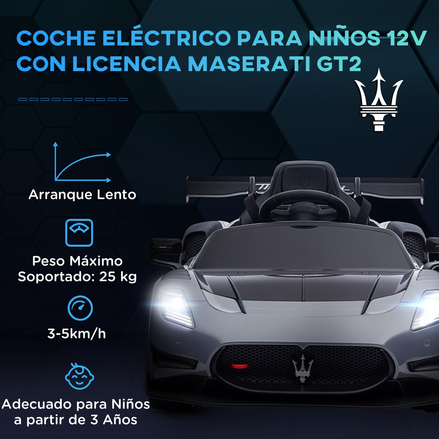 AIYAPLAY Coche Eléctrico para Niños de +3 Años Maserati GT2 Coche Eléctrico con Batería 12V con Mando a Distancia Faros LED Bocina Música y Ruedas Auxiliares 115x60x45 cm Gris