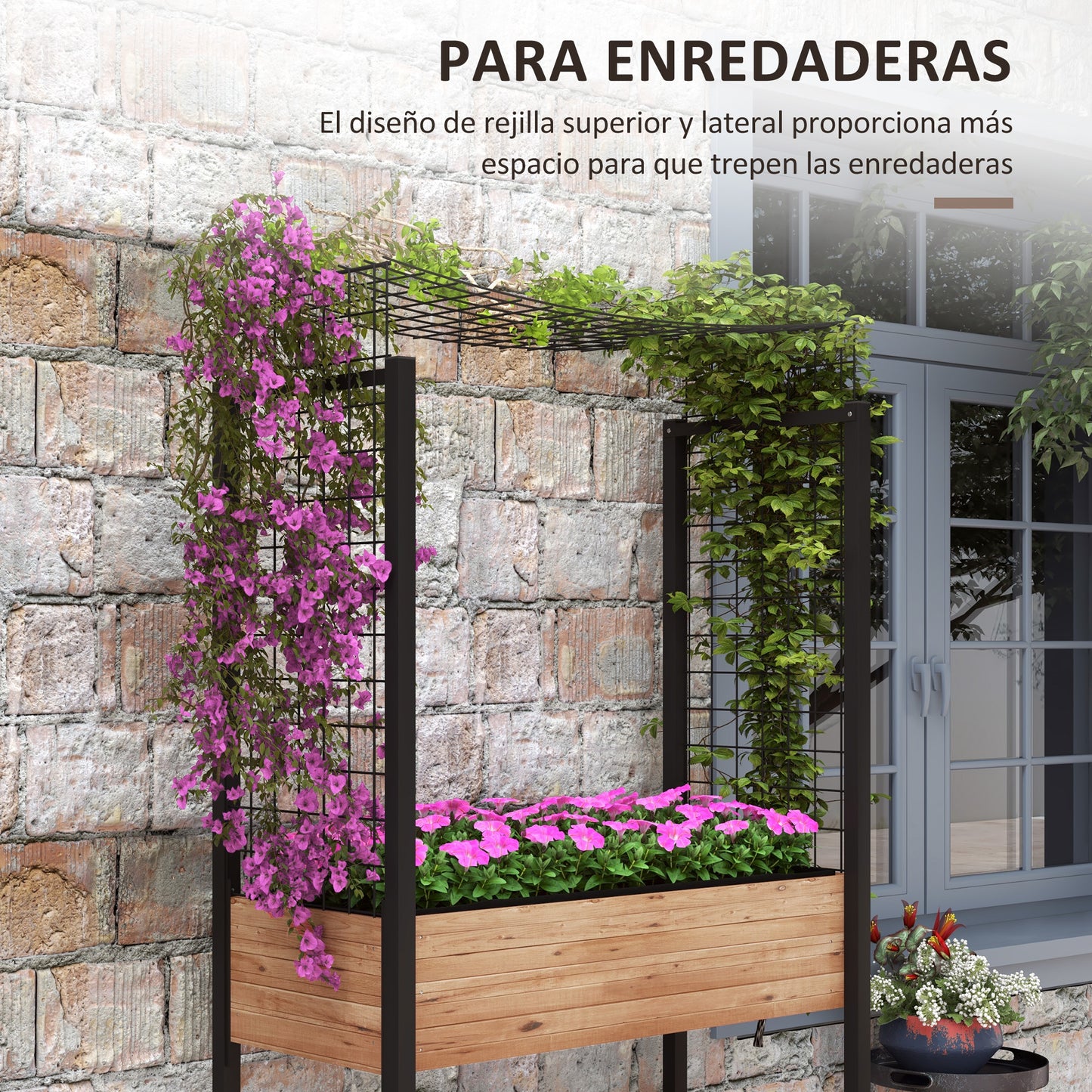 Outsunny Mesa de Cultivo con Ruedas Huerto Urbano Elevado con Enrejado Orificios de Drenaje para Plantas Trepadoras Flores Jardinera de Madera 110x49x190 cm Marrón