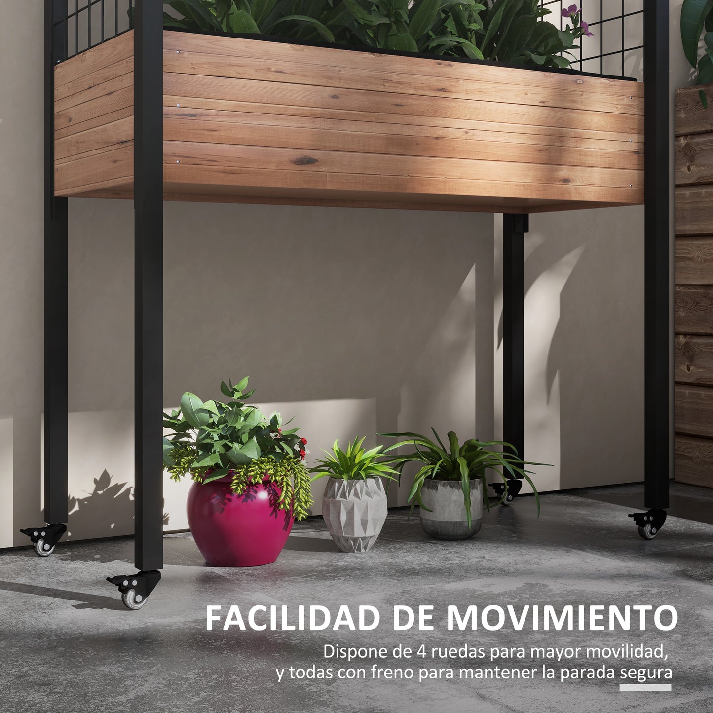 Outsunny Mesa de Cultivo con Ruedas Huerto Urbano Elevado con Enrejado Orificios de Drenaje para Plantas Trepadoras Flores Jardinera de Madera 110x49x190 cm Marrón