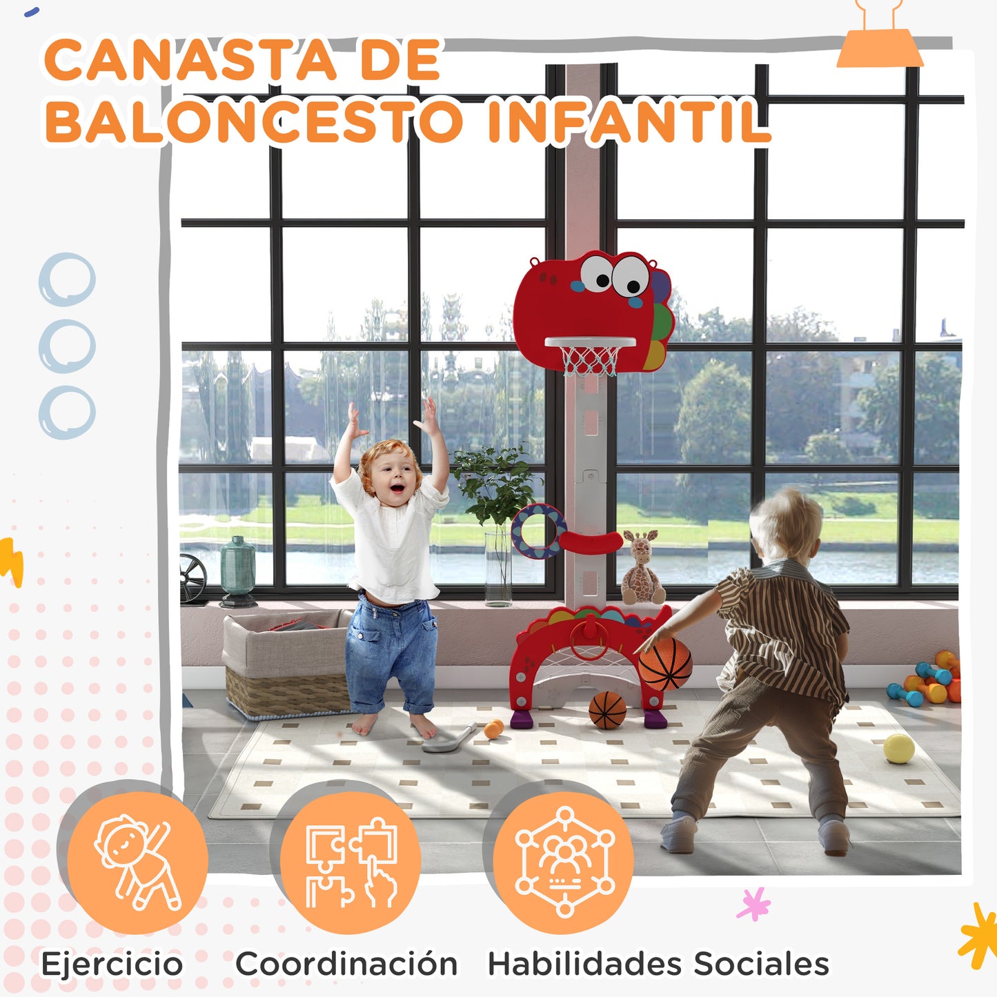 AIYAPLAY Canasta de Baloncesto Infantil 5 en 1 Canasta de Baloncesto para Niños Altura Ajustable con Fútbol Golf Lazo Juego de Lanzamiento de Pelota para Interior Rojo