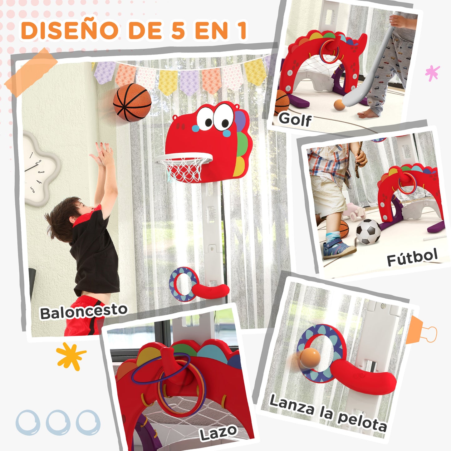 AIYAPLAY Canasta de Baloncesto Infantil 5 en 1 Canasta de Baloncesto para Niños Altura Ajustable con Fútbol Golf Lazo Juego de Lanzamiento de Pelota para Interior Rojo