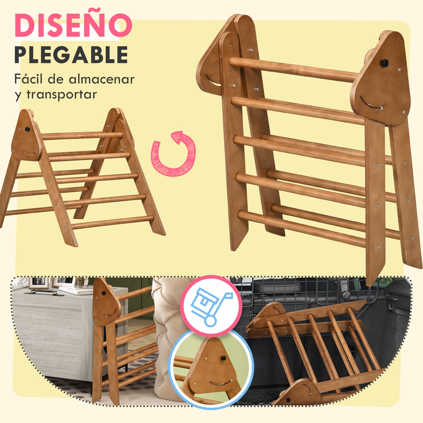 HOMCOM Triángulo Escalada para Niños de +3 Años Triángulo de Aprendizaje Plegable Triángulo de Madera Gimnasio de Juegos Interior Carga 50 kg 90x64x70 cm Marrón