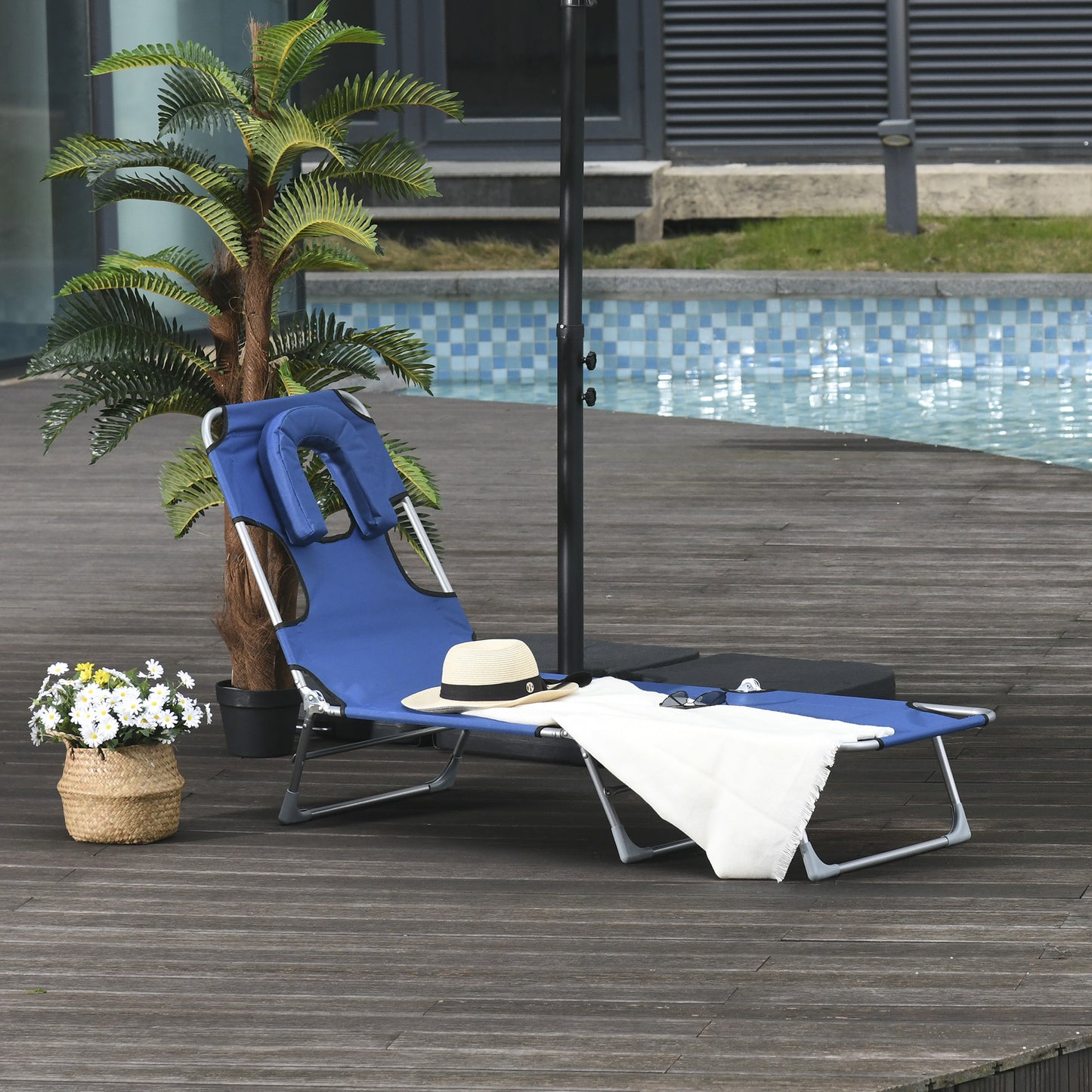 Outsunny Tumbona Reclinable y Plegable de Jardín con Orificio de Lectura Reposacabezas y Respaldo Ajustable en 5 Niveles para Playa 182x56x28 cm Azul