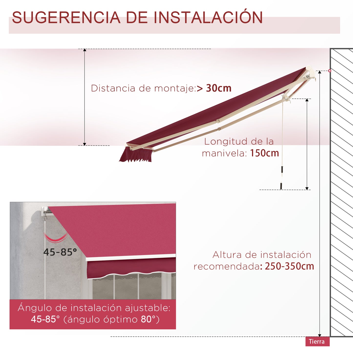 Outsunny Toldo Manual Retráctil 395x245 cm Toldo para Balcón con Manivela de Metal Impermeable y Anti-UV Toldo Enrollable de Exterior para Jardín Terraza Ventanas Rojo