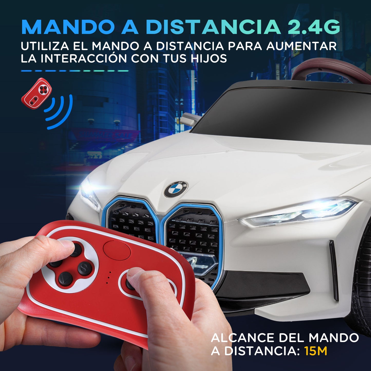 HOMCOM Coche Eléctrico para Niños 37-72 Meses Autorización BMW I4 Coche de Batería 12V con Control Remoto Música MP3 Pantalla Luces y Cinturón de Seguridad 115x67x45 cm Blanco