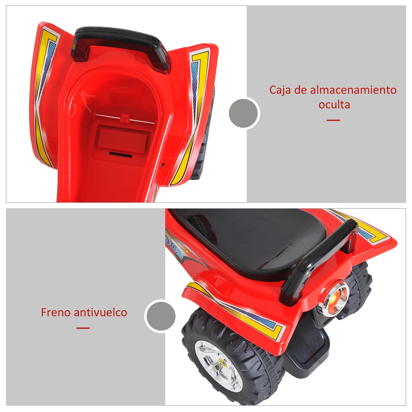 HOMCOM Quad Correpasillos Infantil Coche sin Pedales para Bebé Juguete Andador Estilo Carrera con Bocina Música Luces 60x38x42cm