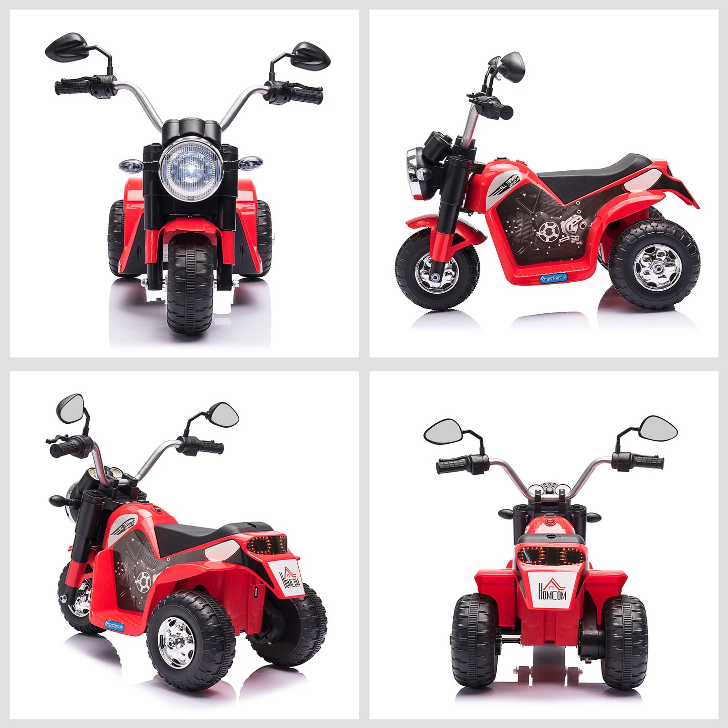 HOMCOM Moto Eléctrica Infantil con 3 Ruedas Moto Eléctrica para Niños de 18-36 Meses Triciclo a Batería 6V con Faro Bocina 72x57x56 cm Rojo