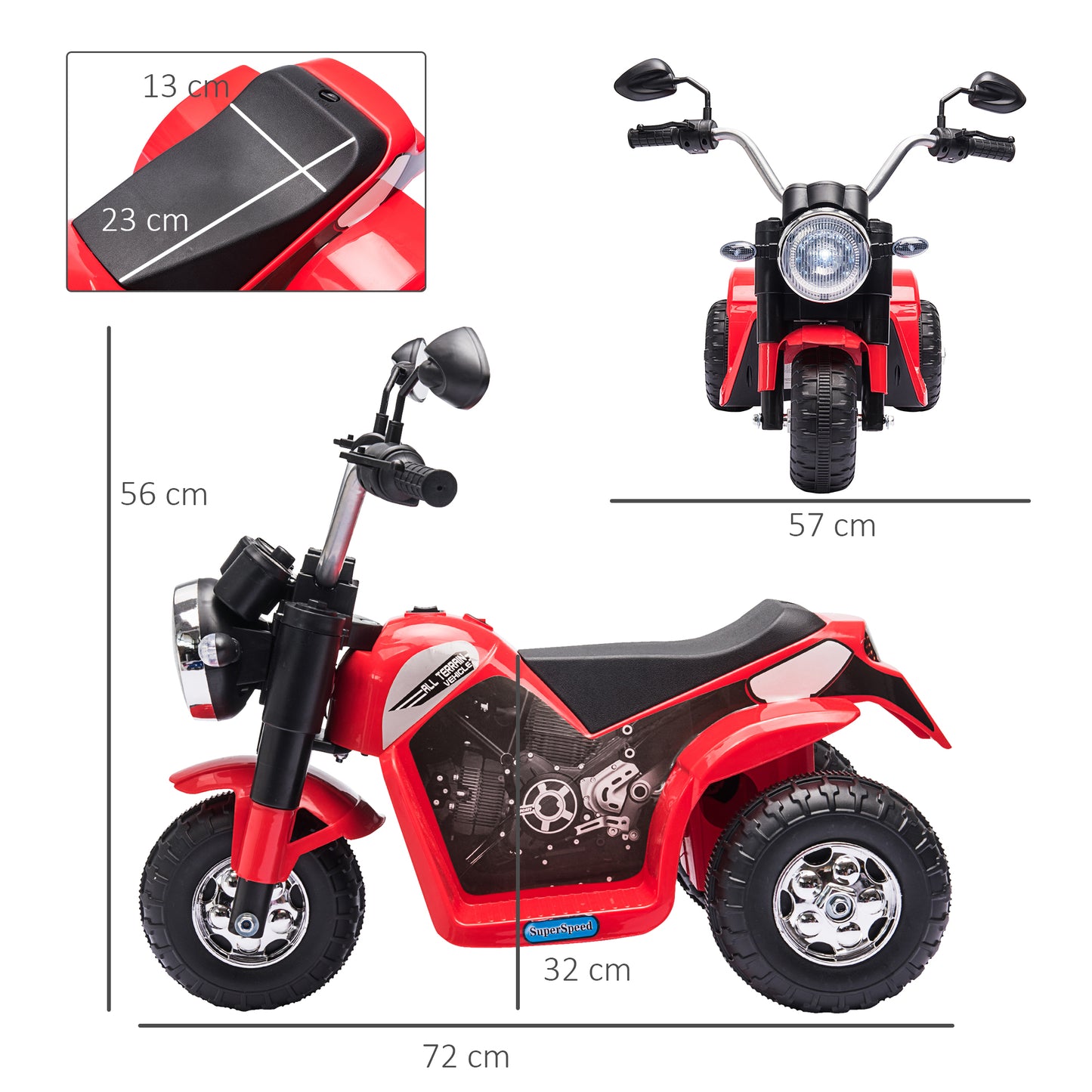 HOMCOM Moto Eléctrica Infantil con 3 Ruedas Moto Eléctrica para Niños de 18-36 Meses Triciclo a Batería 6V con Faro Bocina 72x57x56 cm Rojo