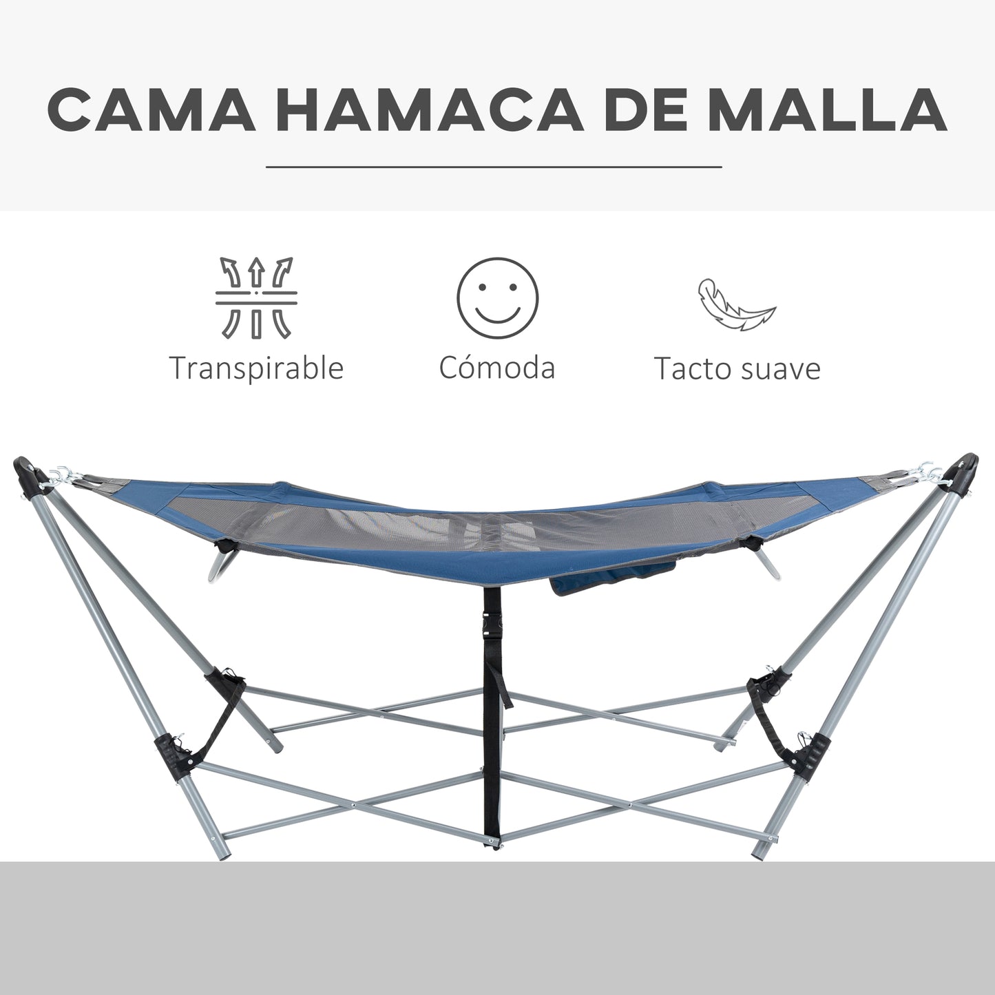 Outsunny Hamaca de Jardín con Soporte Plegable con Cama de Tela Oxford y Malla Transpirable Bolsillo de Almacenaje y Portátil con Bolsa 235,5x82x90,5 cm Azul y Plata