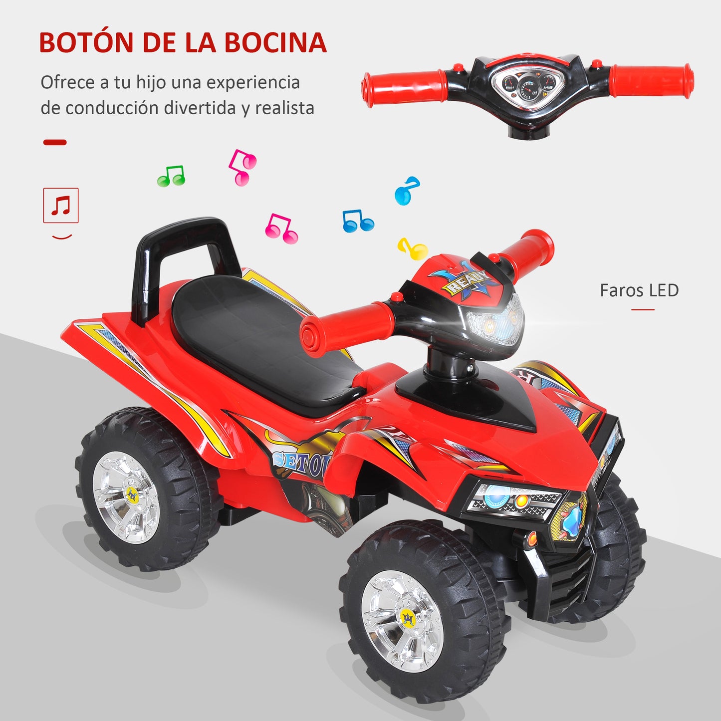 HOMCOM Quad Correpasillos Infantil Coche sin Pedales para Bebé Juguete Andador Estilo Carrera con Bocina Música Luces 60x38x42cm