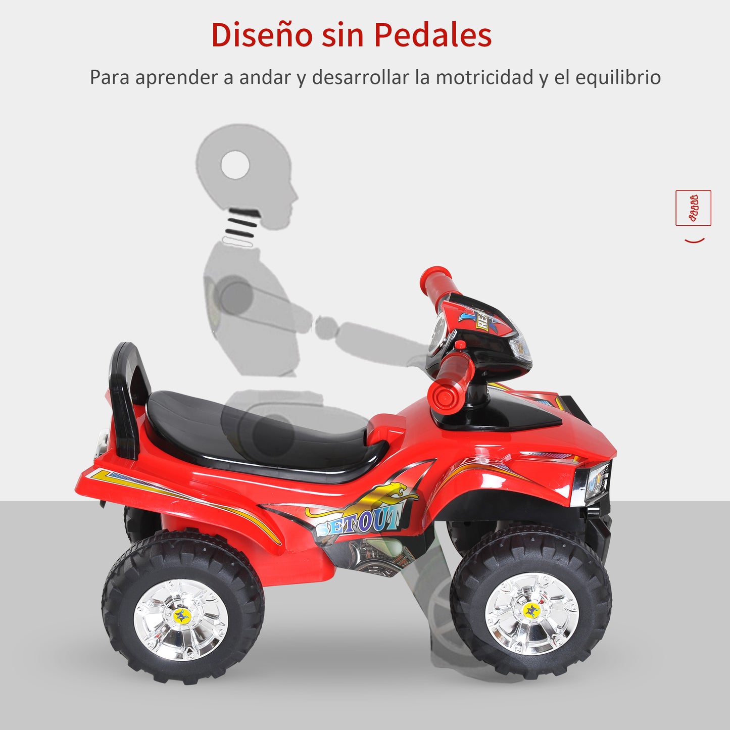 HOMCOM Quad Correpasillos Infantil Coche sin Pedales para Bebé Juguete Andador Estilo Carrera con Bocina Música Luces 60x38x42cm