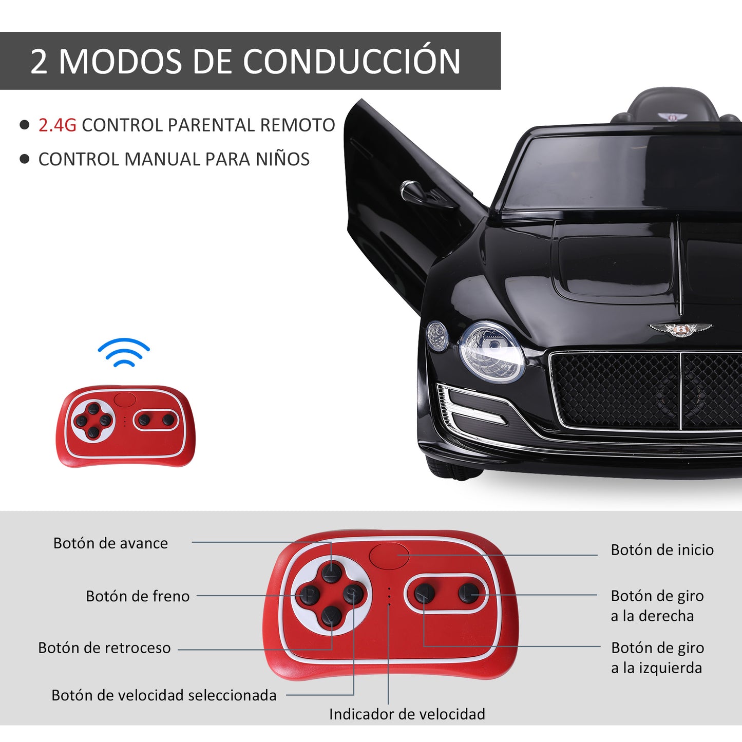 HOMCOM Coche Eléctrico para Niños Bentley GT Coche de Bateria para Niños de +3 Años Velocidad 2,5-5 km/h 2 Modos de Control Música Faros Retroceder 108x60x43 cm Negro