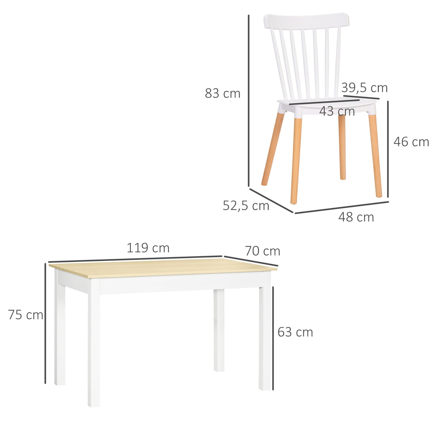 HOMCOM Conjunto de Comedor 5 Piezas Juego de 1 Mesa y 4 Sillas con Respaldo Alto Estilo Moderno para Cocina Restaurante 48x52,5x83 cm 119x70x75 cm Blanco