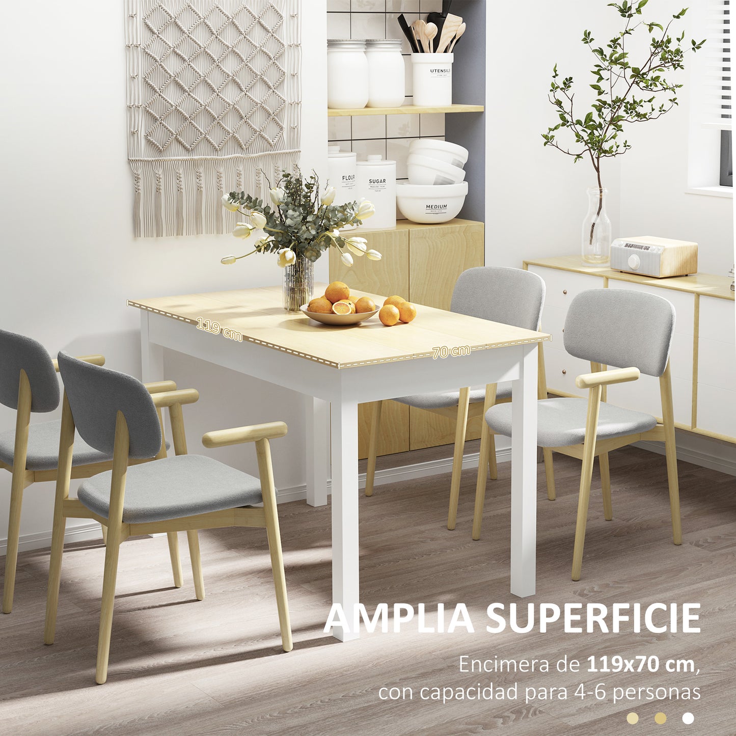 HOMCOM Conjunto de Comedor 5 Piezas Juego de 1 Mesa y 4 Sillas con Respaldo Alto Estilo Moderno para Cocina Restaurante 48x52,5x83 cm 119x70x75 cm Blanco