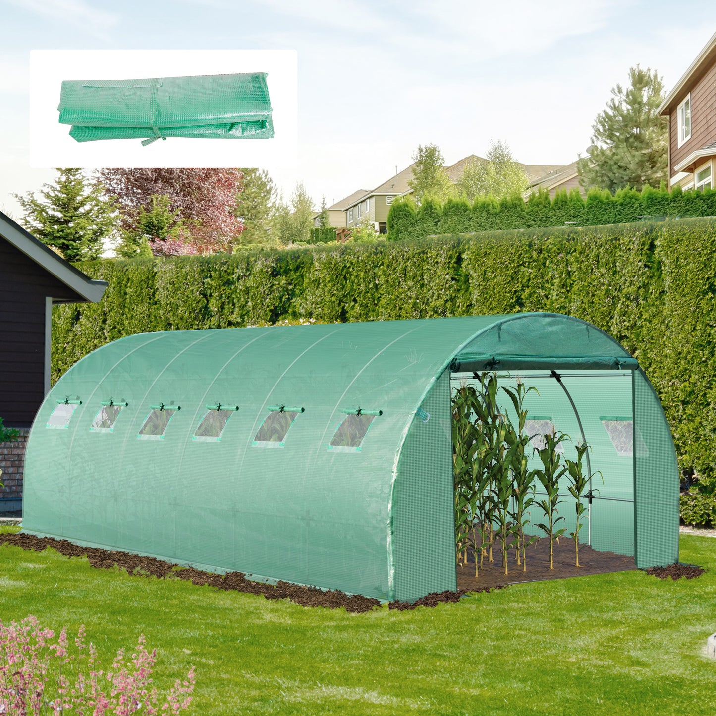 Outsunny Cubierta de Invernadero de Túnel 6x3x2 m Cubierta de Repuesto Invernadero Polietileno con 12 Ventanas y Puerta Enrollable Protección de Plantas para Jardín Verde