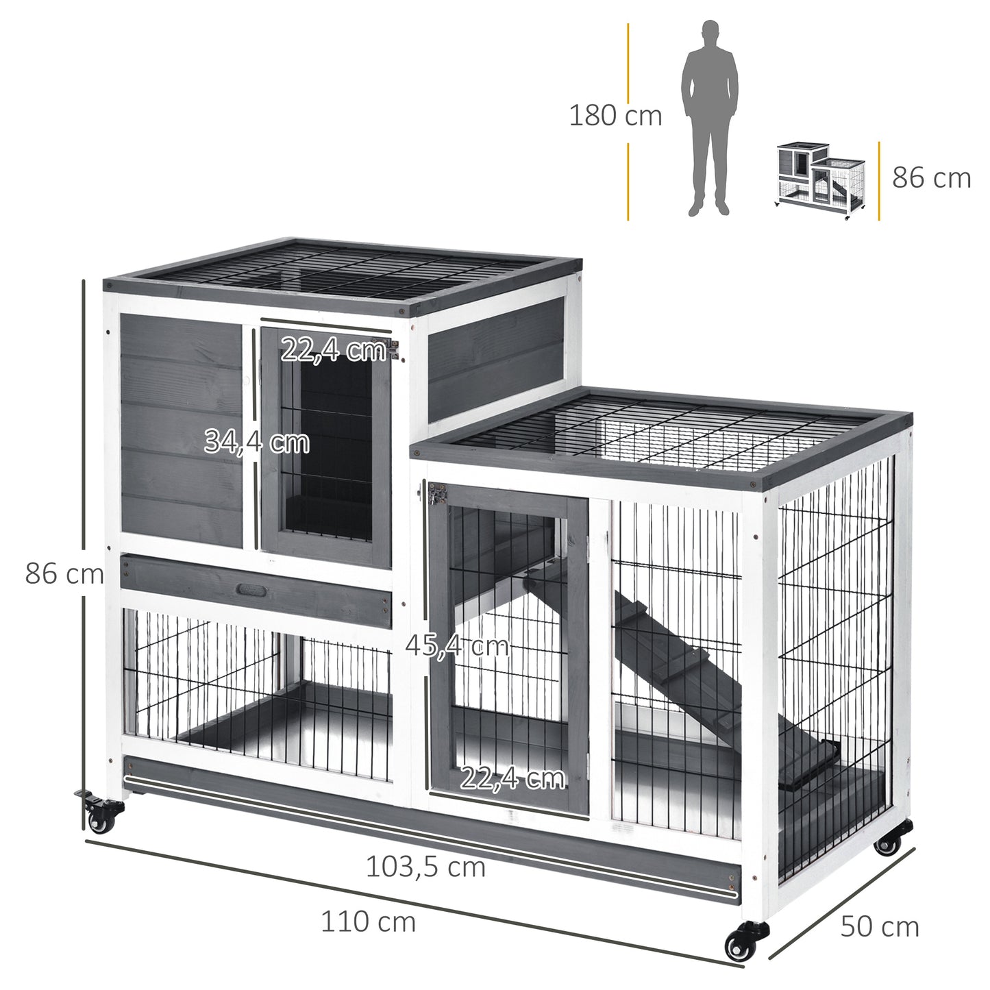 PawHut Conejera de Madera para Interior con Ruedas Jaula para Conejos Mascotas Pequeñas de 2 Pisos con Zona Abierta Rampa y 2 Bandejas Extraíbles 110x50x88 cm Gris