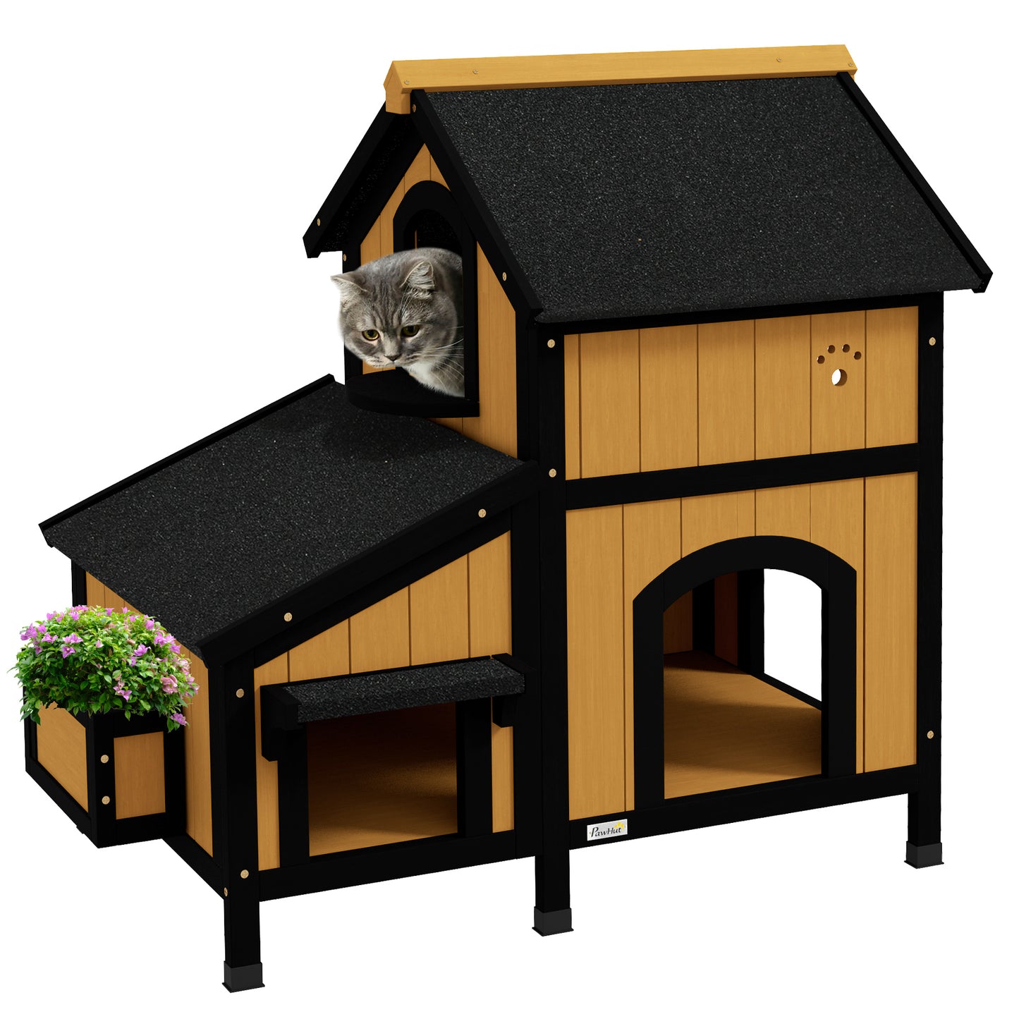 PawHut Casa para Gatos de Madera con Macetero 96x65x85,5 cm Caseta para Gatos de 2 Niveles Refugio para Gatos con Techo Asfáltico Ventana y Múltiples Entradas para Interior y Exterior Natural